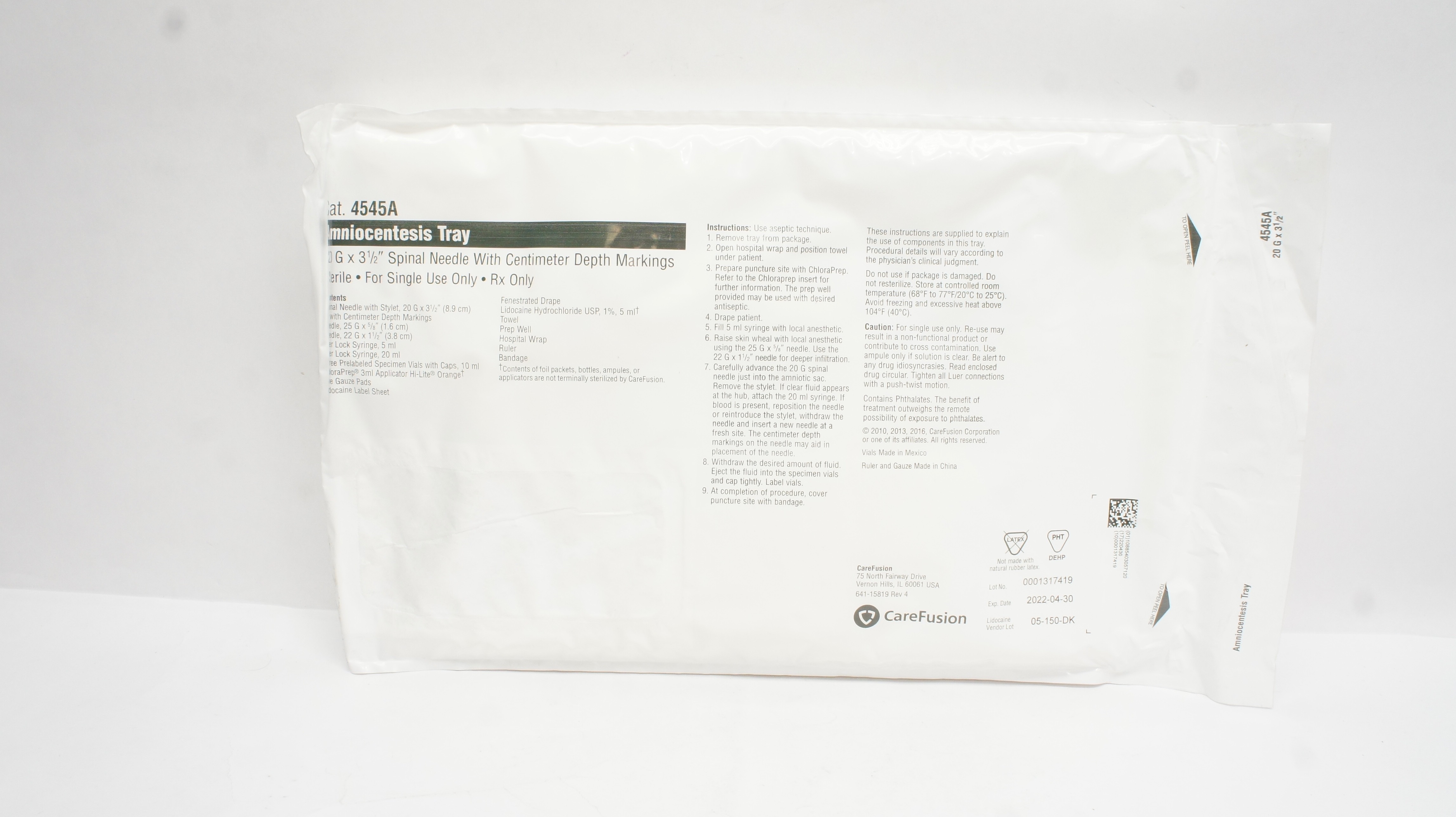 CareFusion 4545A Amniocentesis Tray w/Spinal Ndle. 20G x 3-1/2inch (x)