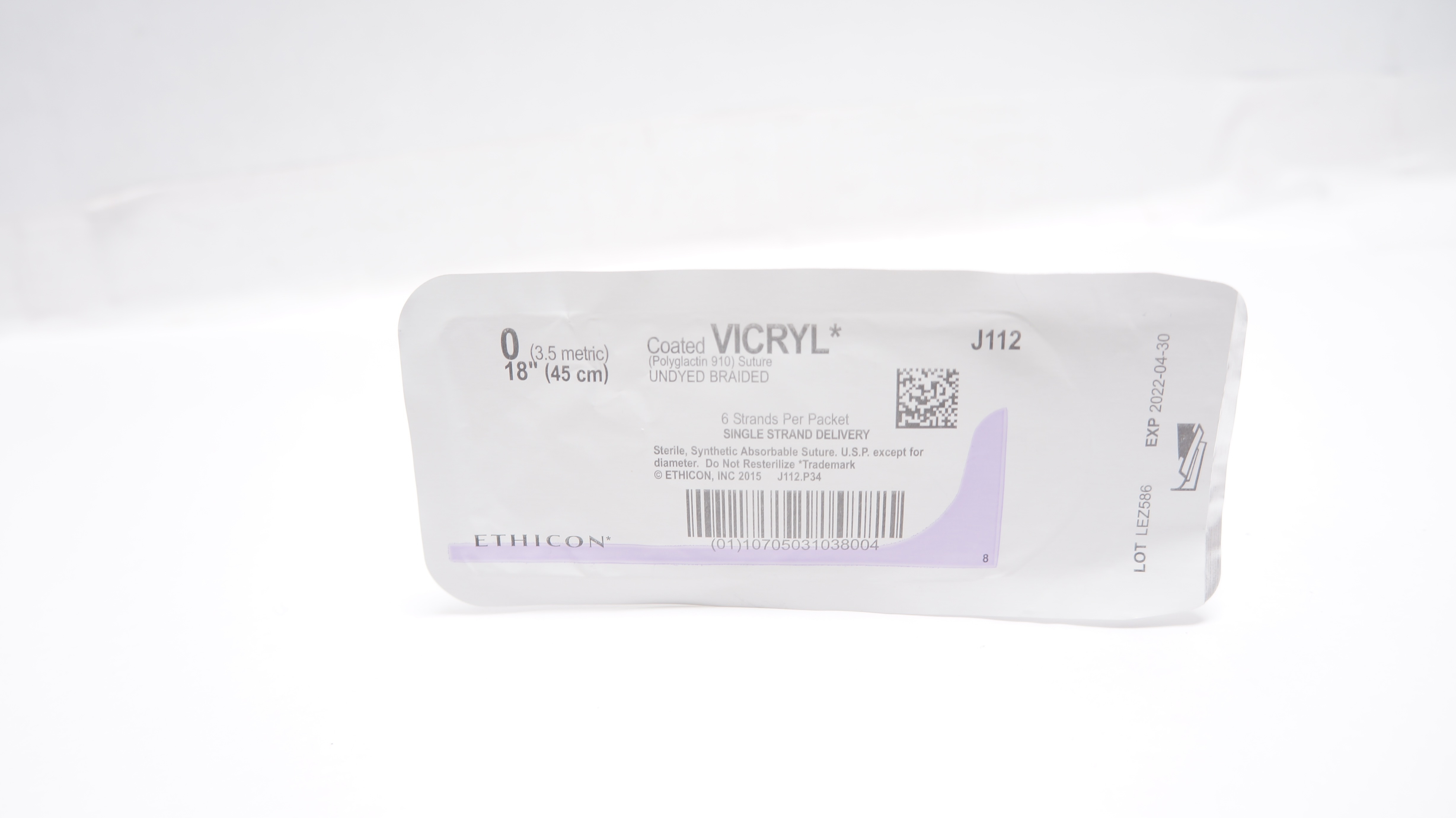 Ethicon J112 0 Coated VICRYL Polyglactin 910 Stre Undyed Braided 18inch (x)