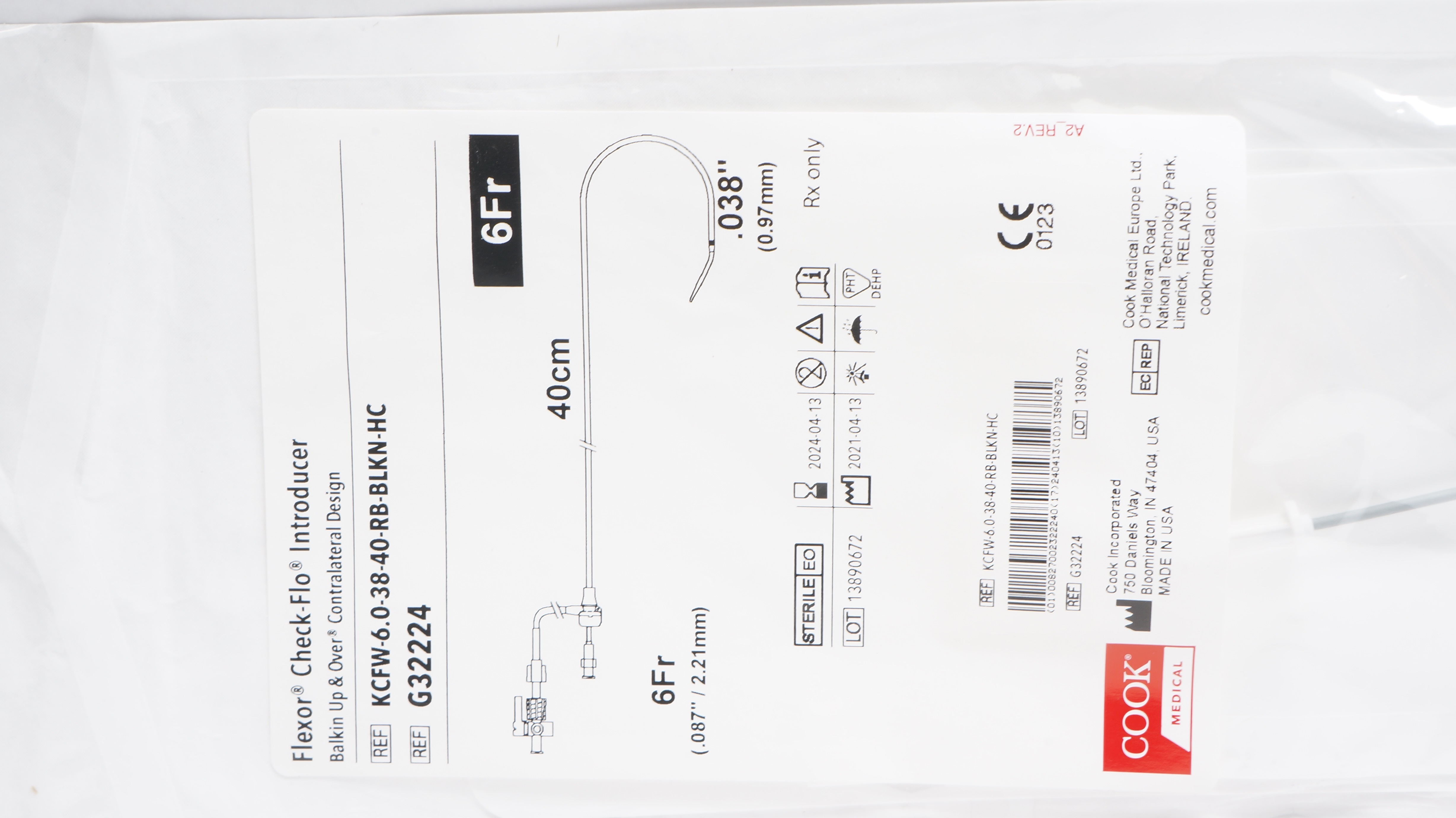 Cook Medical G32224 Flexor Check-Flo Introducer 6Fr x 40cm x .038inch