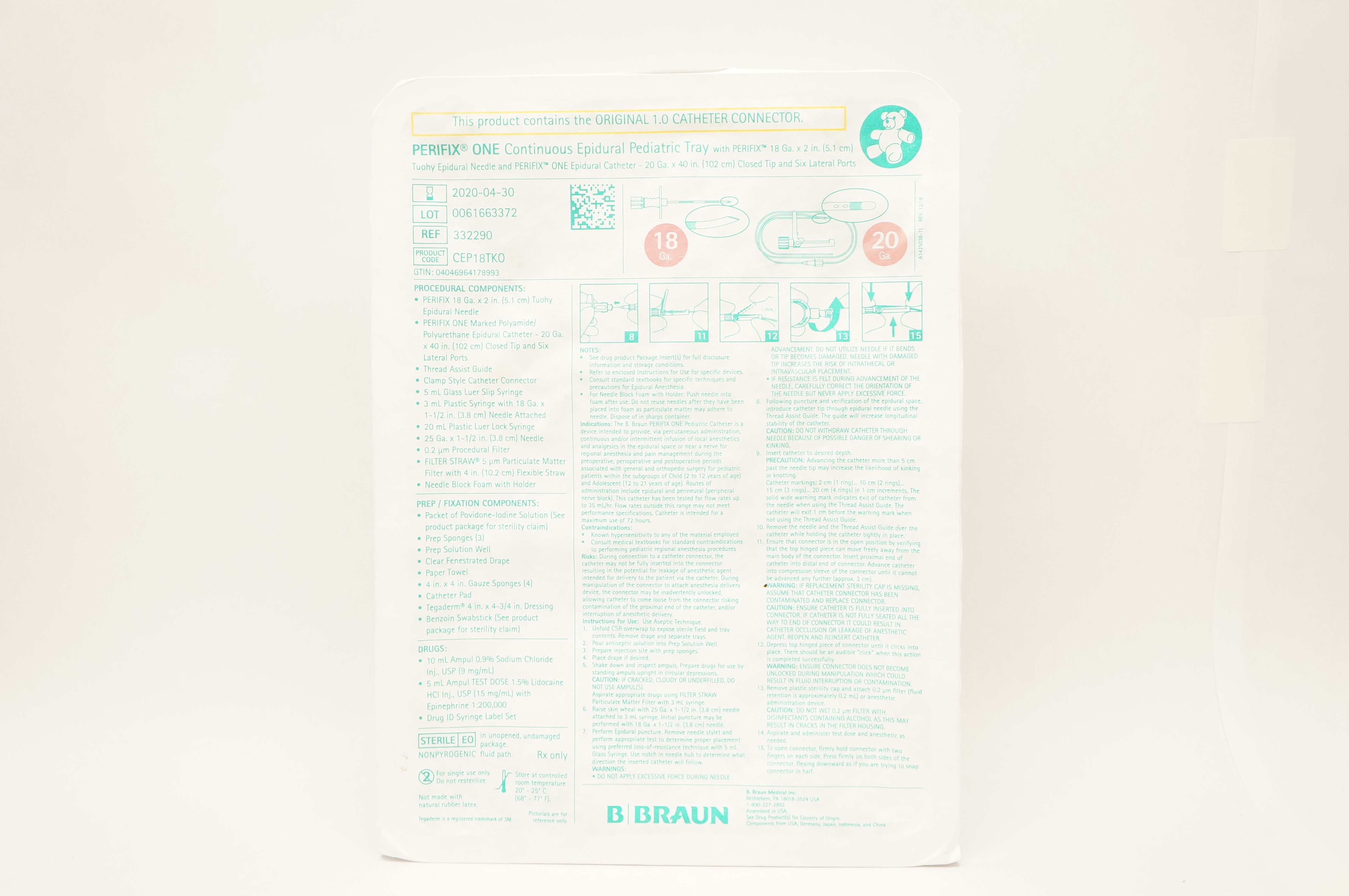 B.Braun 332290 Perifix One Continuous Epidural Pediatric Tray 20Ga x 40inch (x)