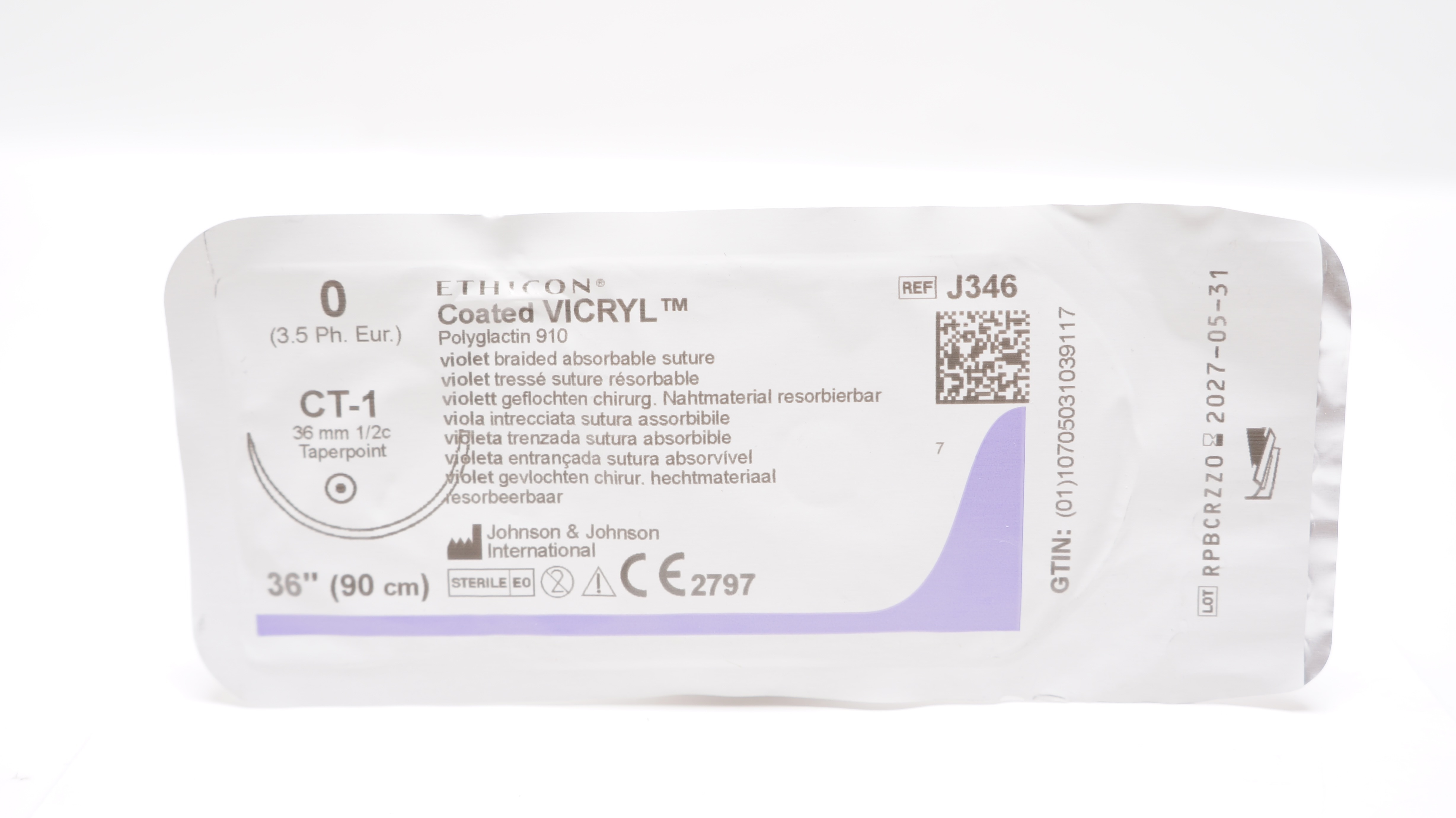 Ethicon J346 0 Coated VICRYL, CT-1 36mm 1/2c Taper, 36inch