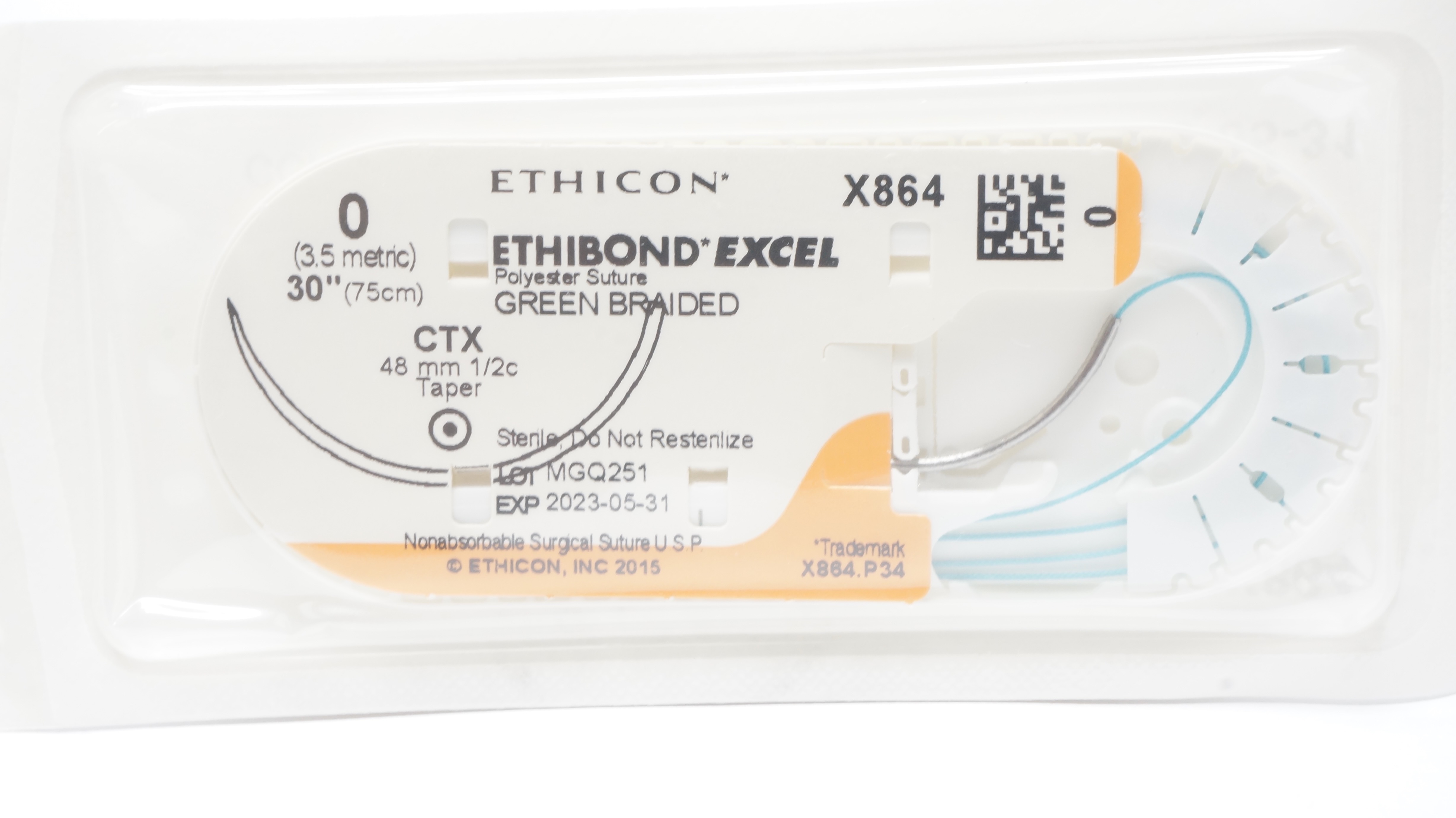 Ethicon X864 0 Ethibond Excel Stre CTX 48mm 1/2c Taper, 30inch (x)