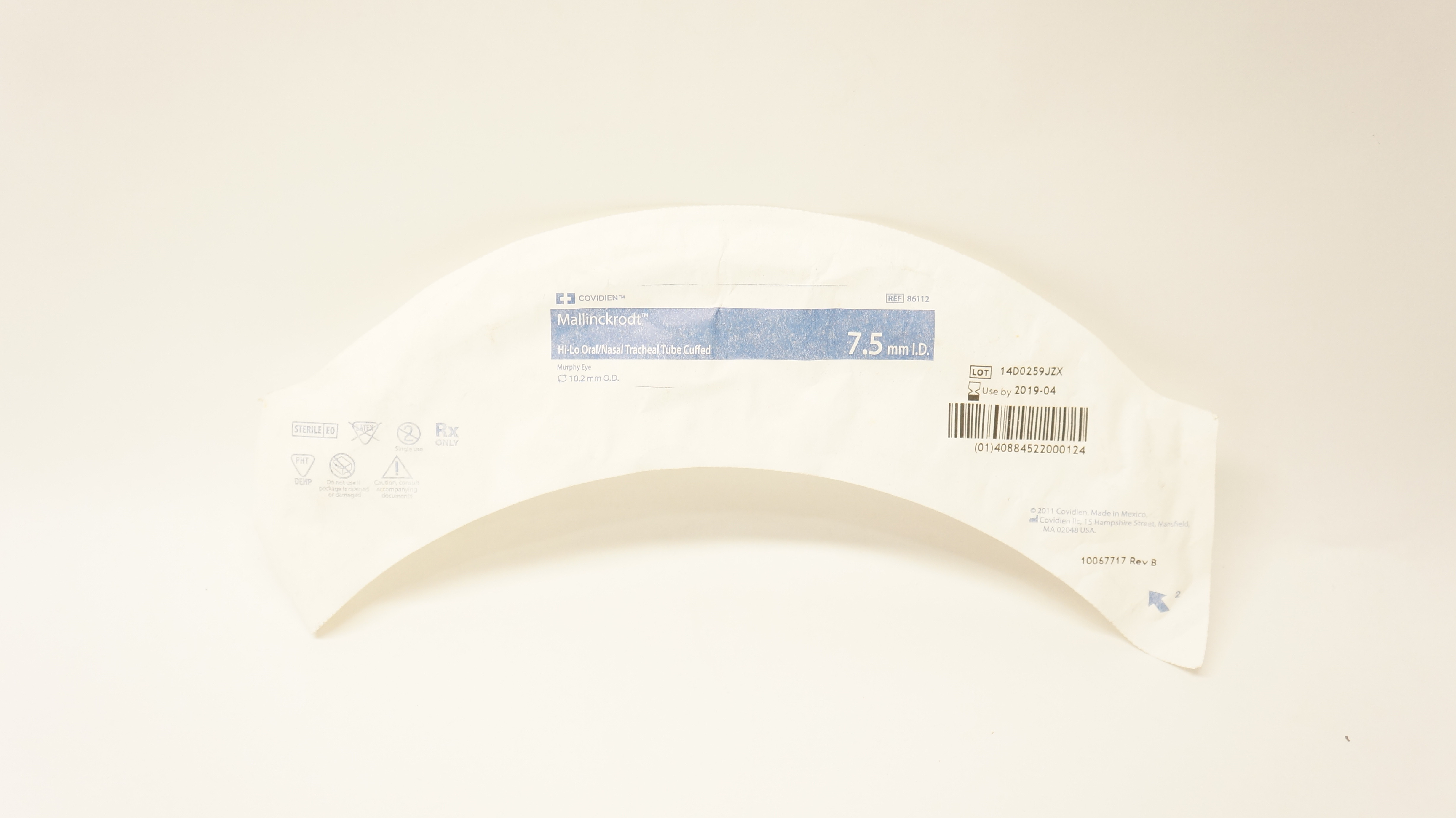 Covidien 86112 Mallinckrodt Hi-Lo Oral/Nasal Tracheal Tube 7.5 ID x 10.2mm OD