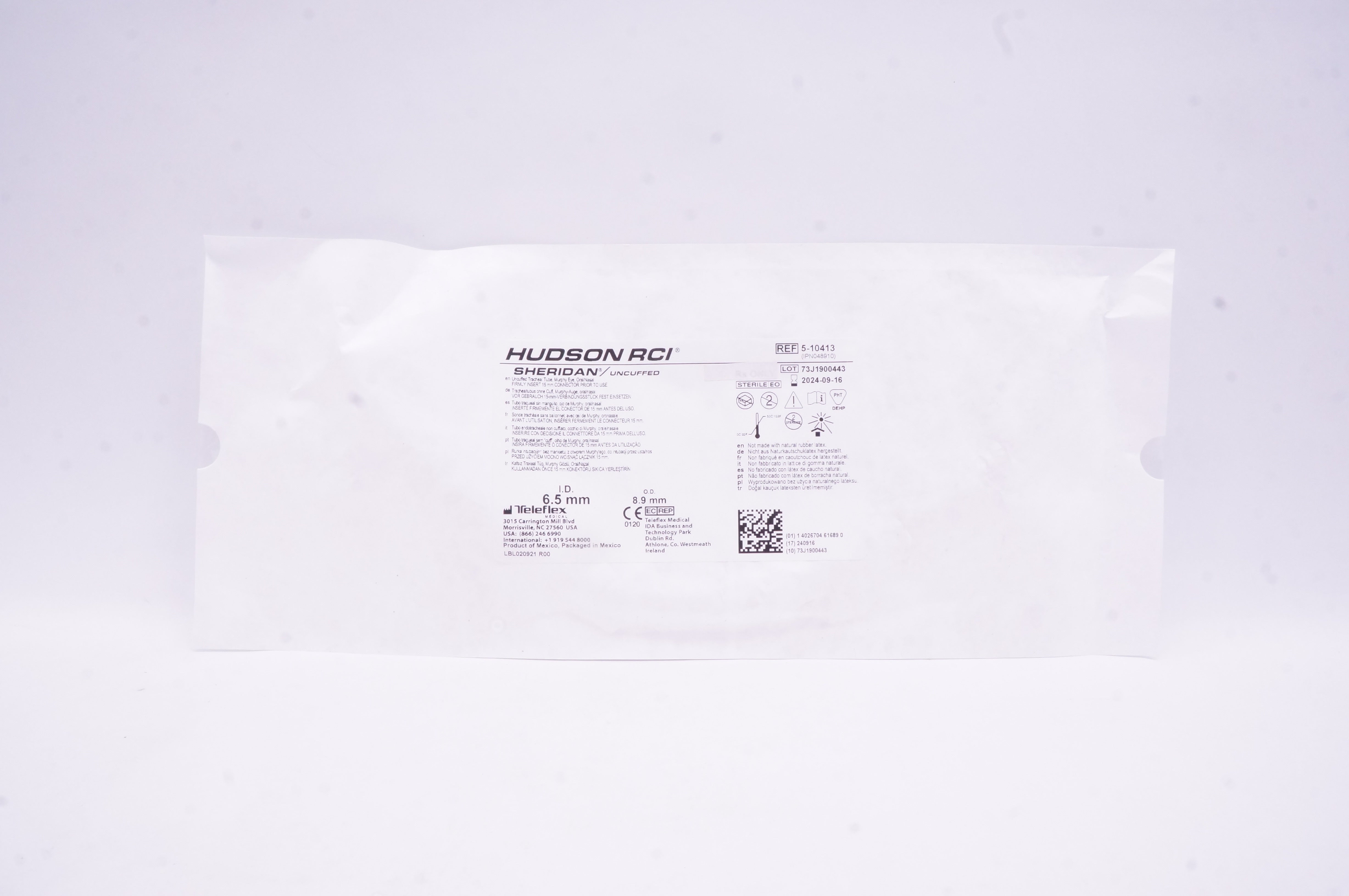 Teleflex 5-10413 Hudson RCI Sheridan Uncuffed Tracheal Tube 6.5mm ID x 8.9mm OD