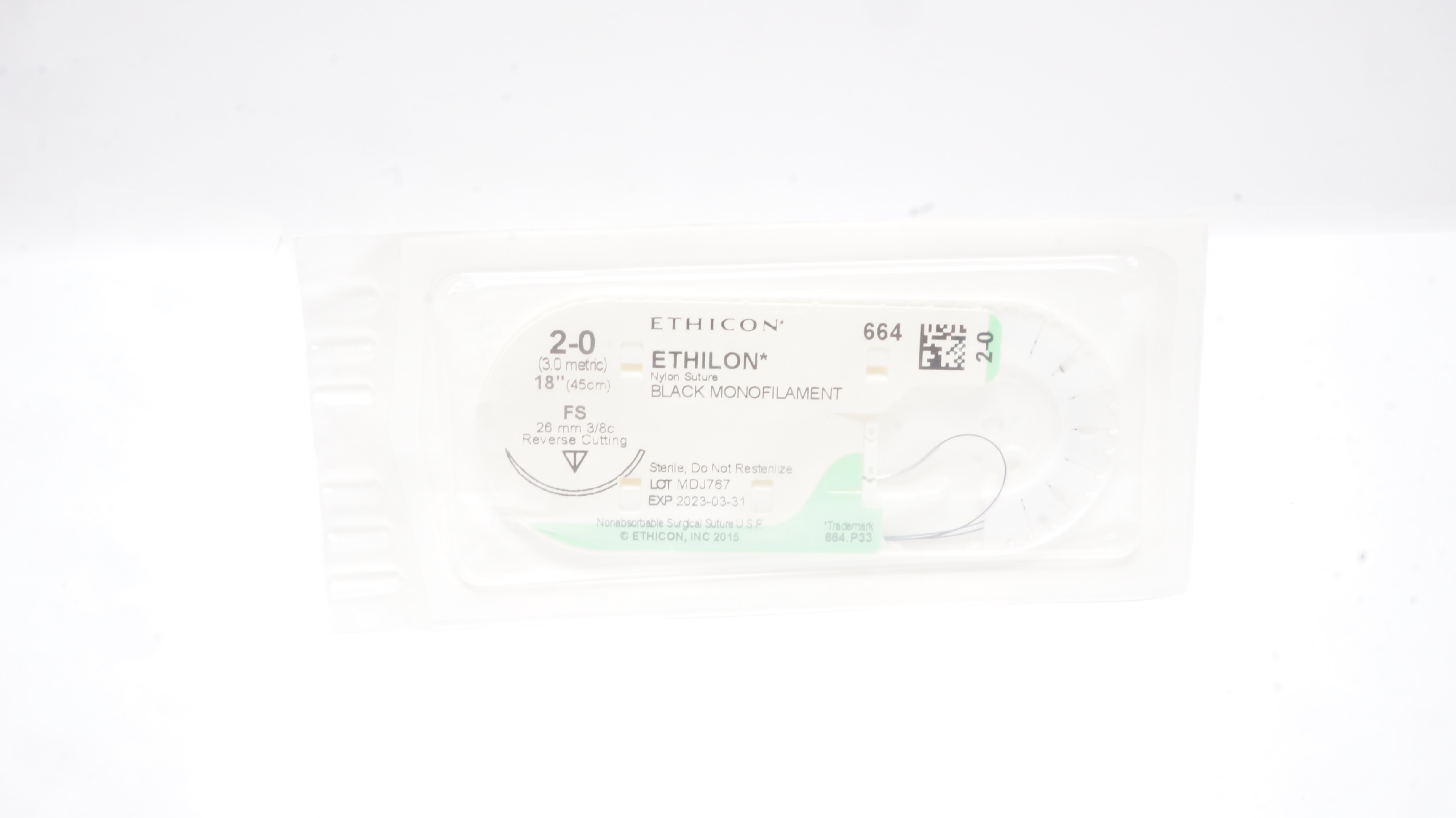 Ethicon 664 2-0 Ethilon Nylon Stre FS 26mm 3/8c Reverse Cutting 18 inch (x)