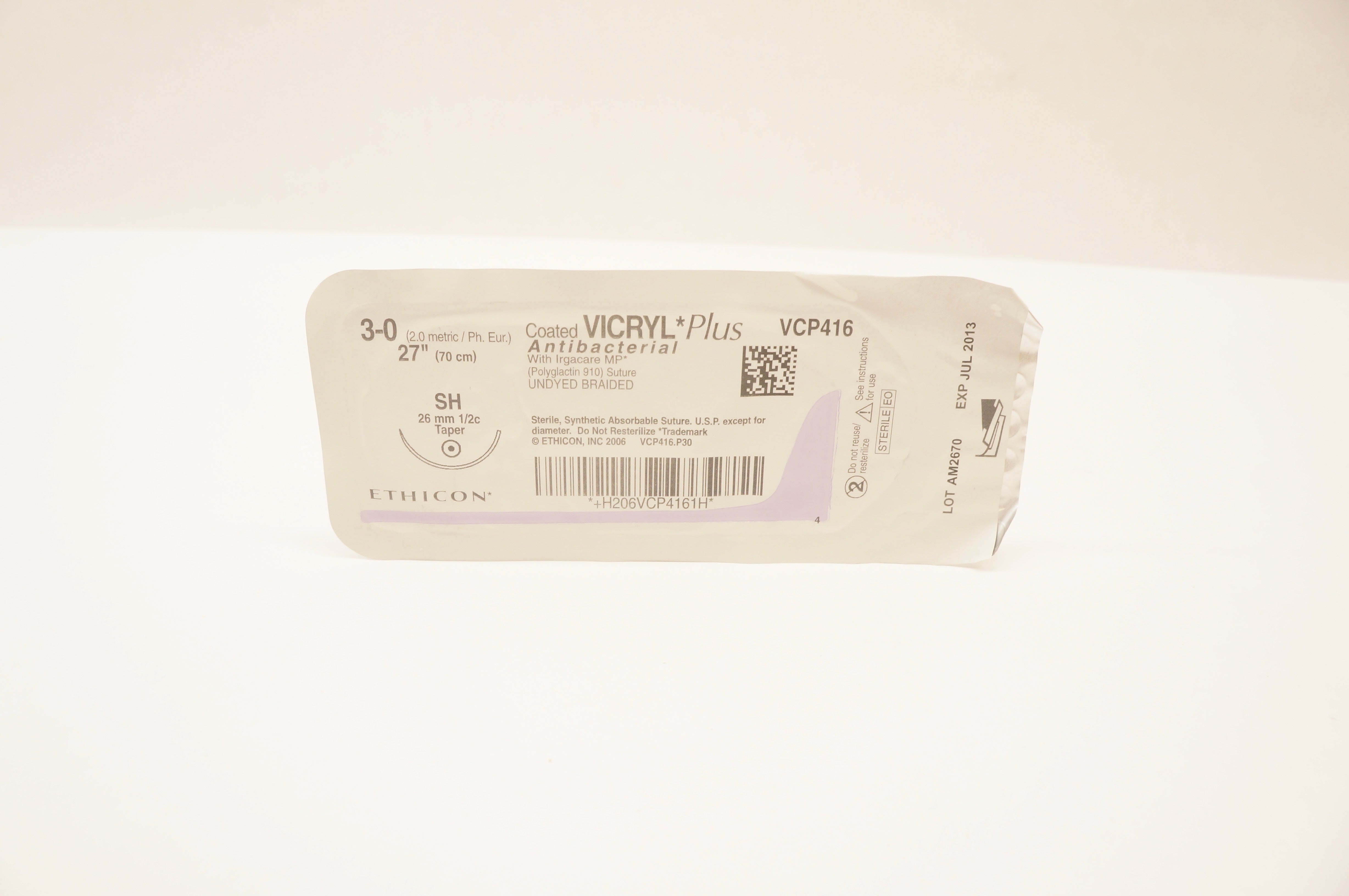 Ethicon VCP416 3-0 Vicryl Plus Polygalctin Stre SH 26mm 1/2c Taper, 27inch (x)
