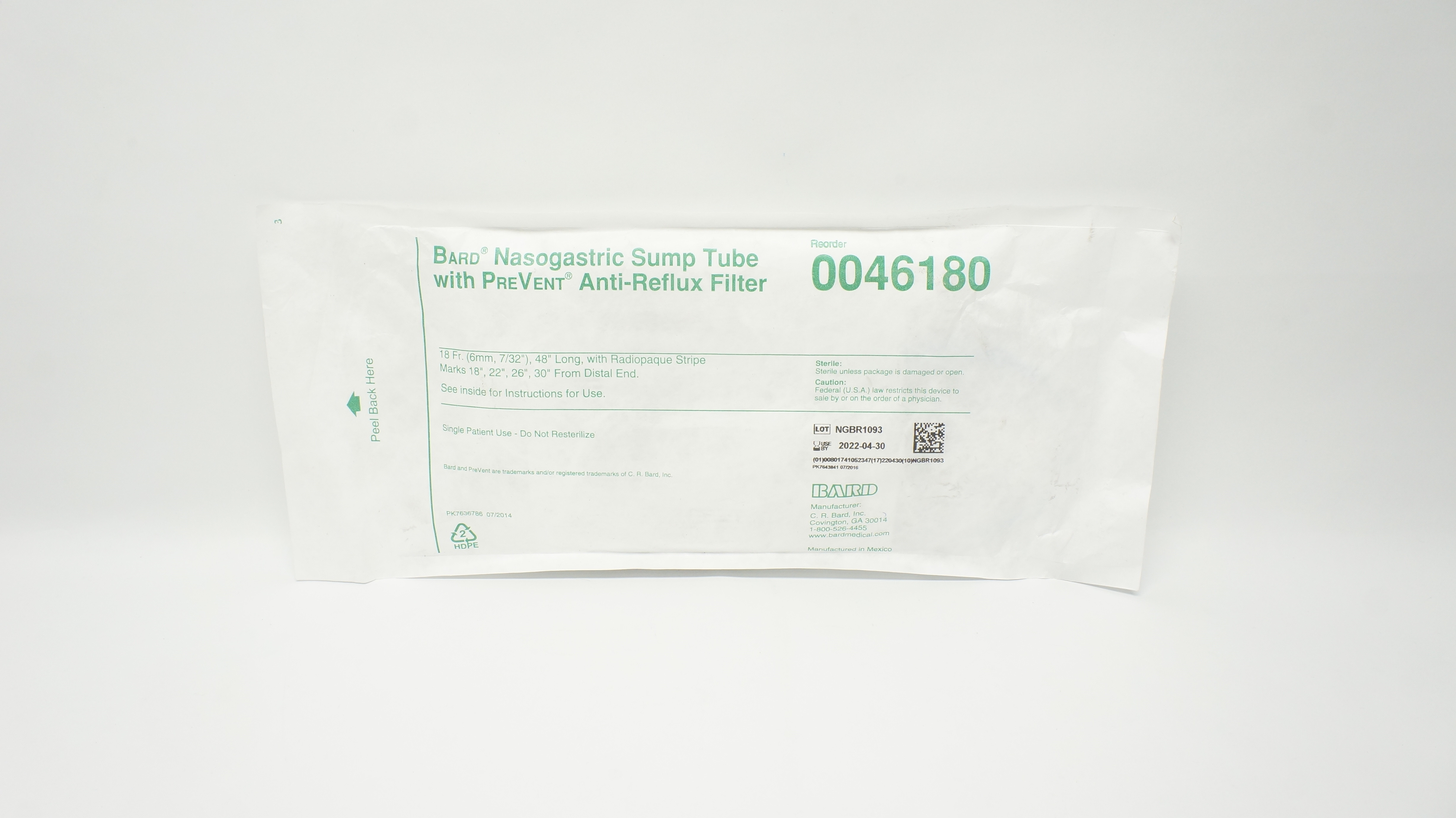 Bard 0046180 Nasogastric Sump Tube With PreVent Anti-Reflux Filter 18Fr