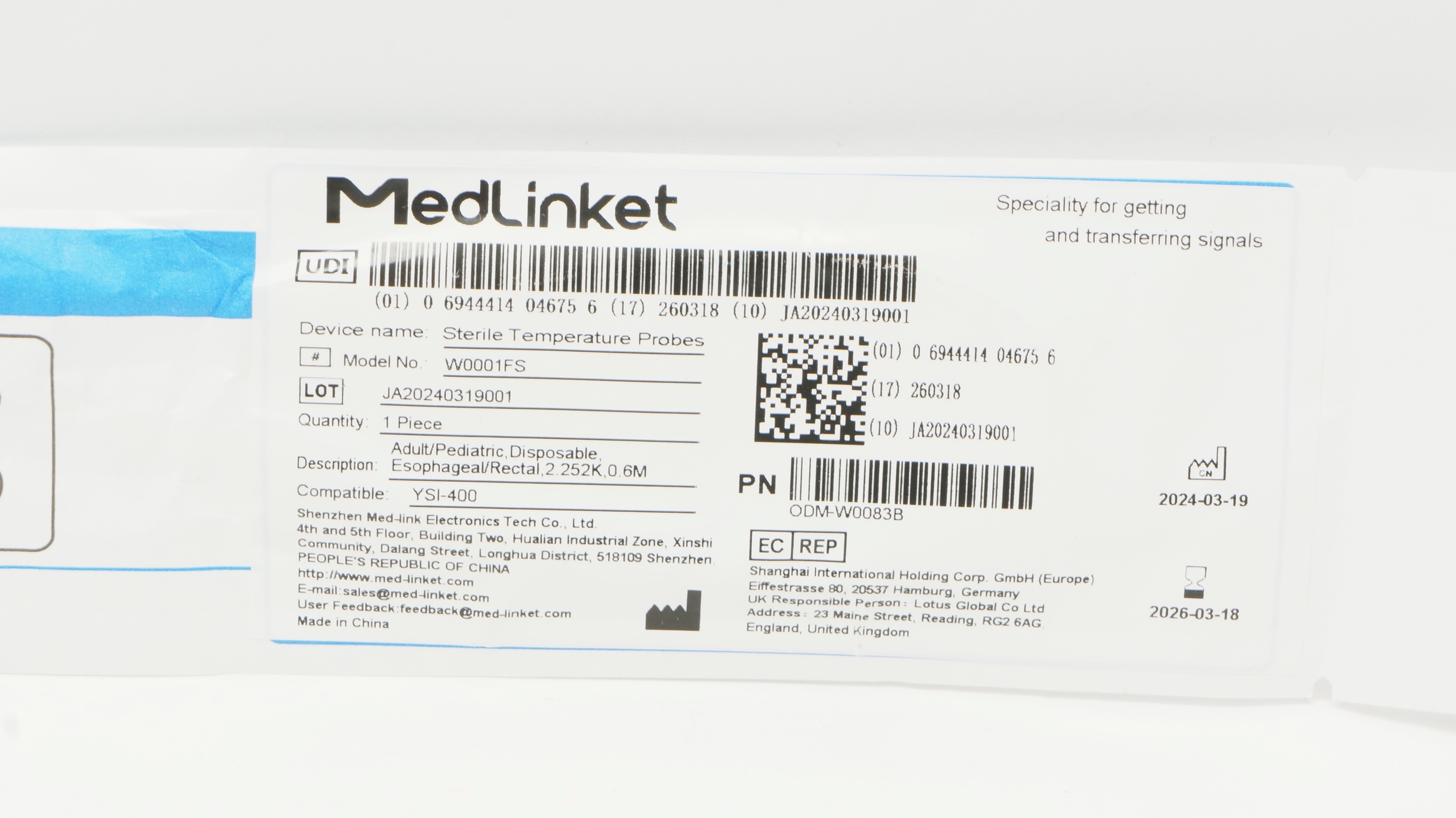 Shanghai Hoding W0001FS Medlinket Esophageal/Rectal Temperature Probe