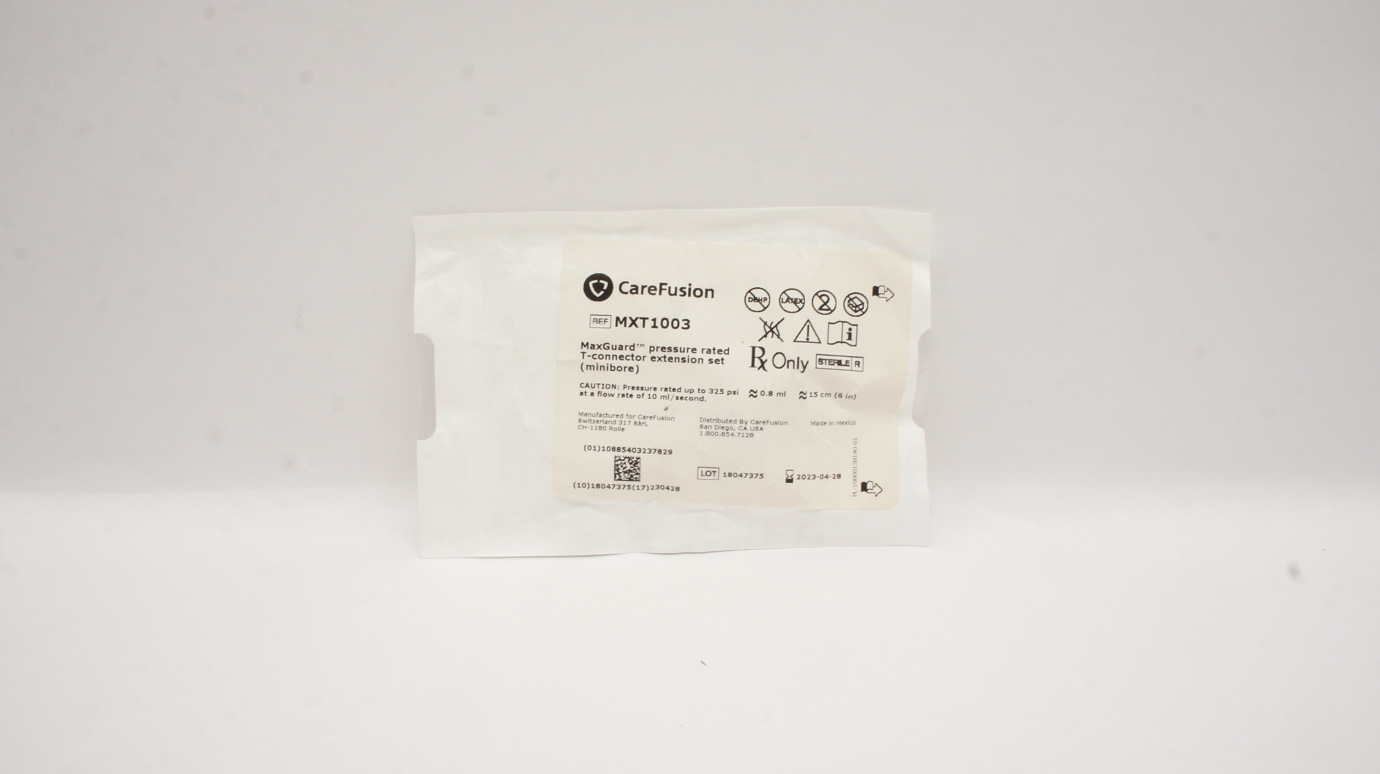 CareFusion MXT1003 MaxGuard Pressure Rated T-Connector Extension Set 0.8mlx6inch