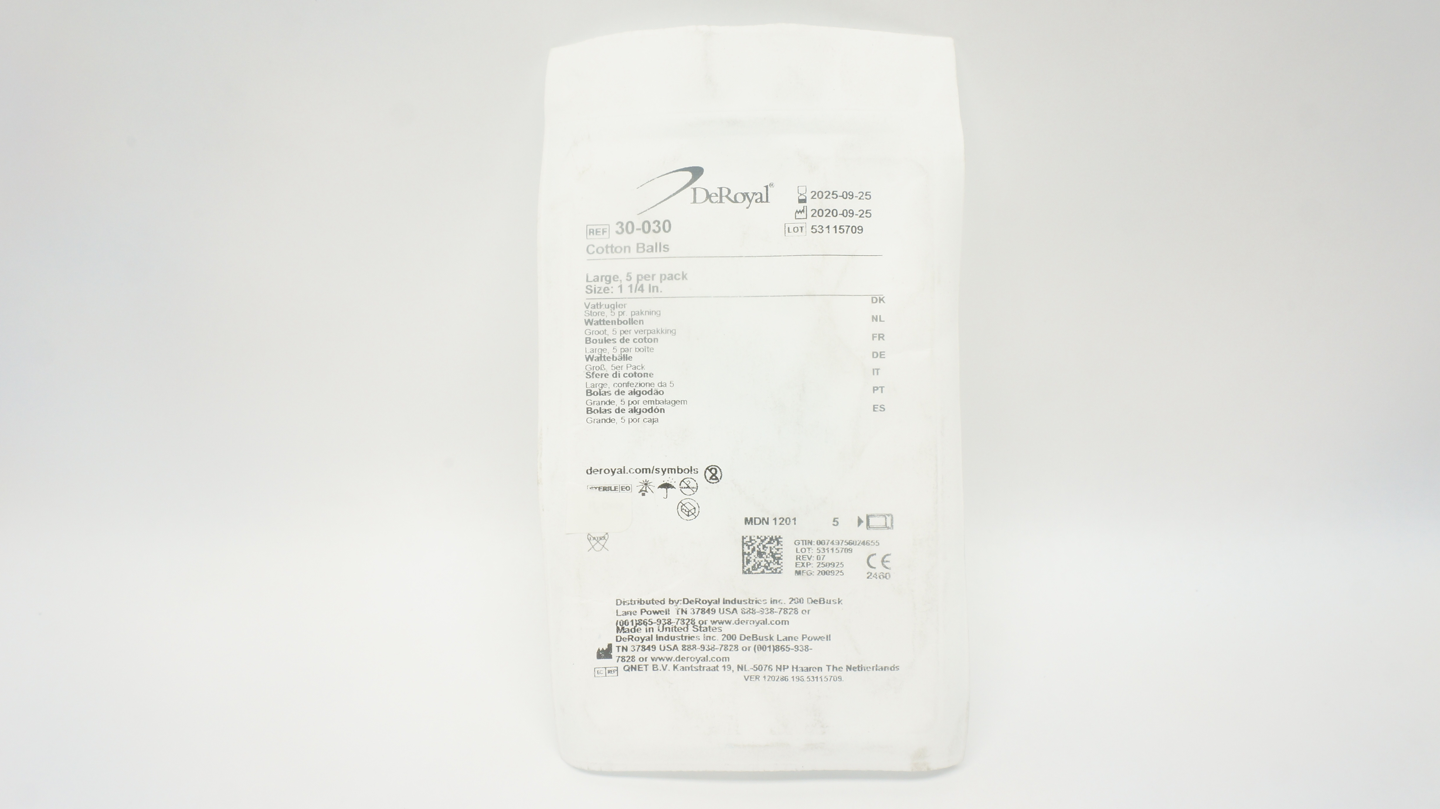 DeRoyal 30-030 Cotton Balls Large Size 1-1/4inch - Pack of 5