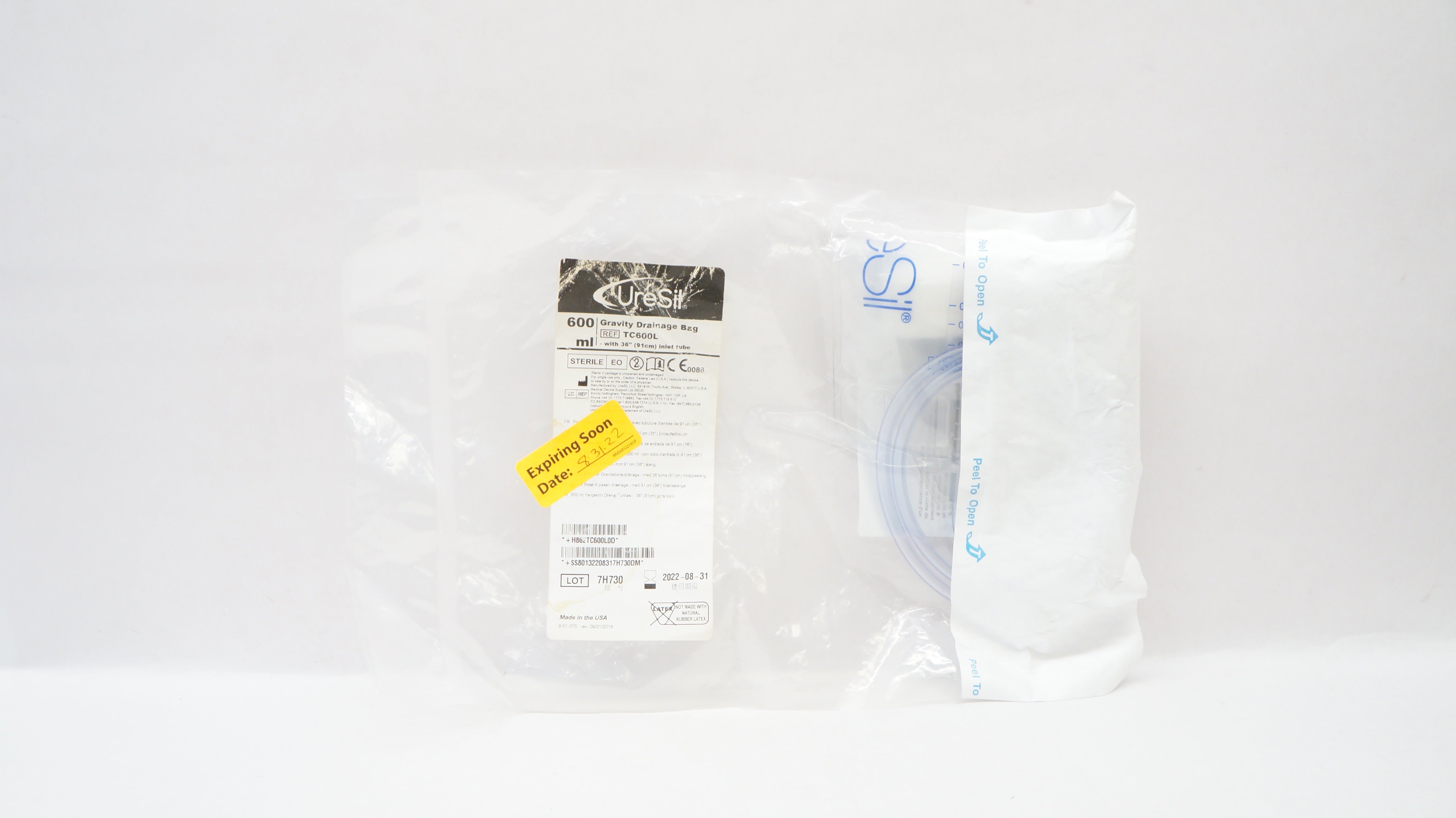 UreSil TC600L Optimus Gravity Drainage Bag w/Inlet Tube, 600mL x 36inch (x)