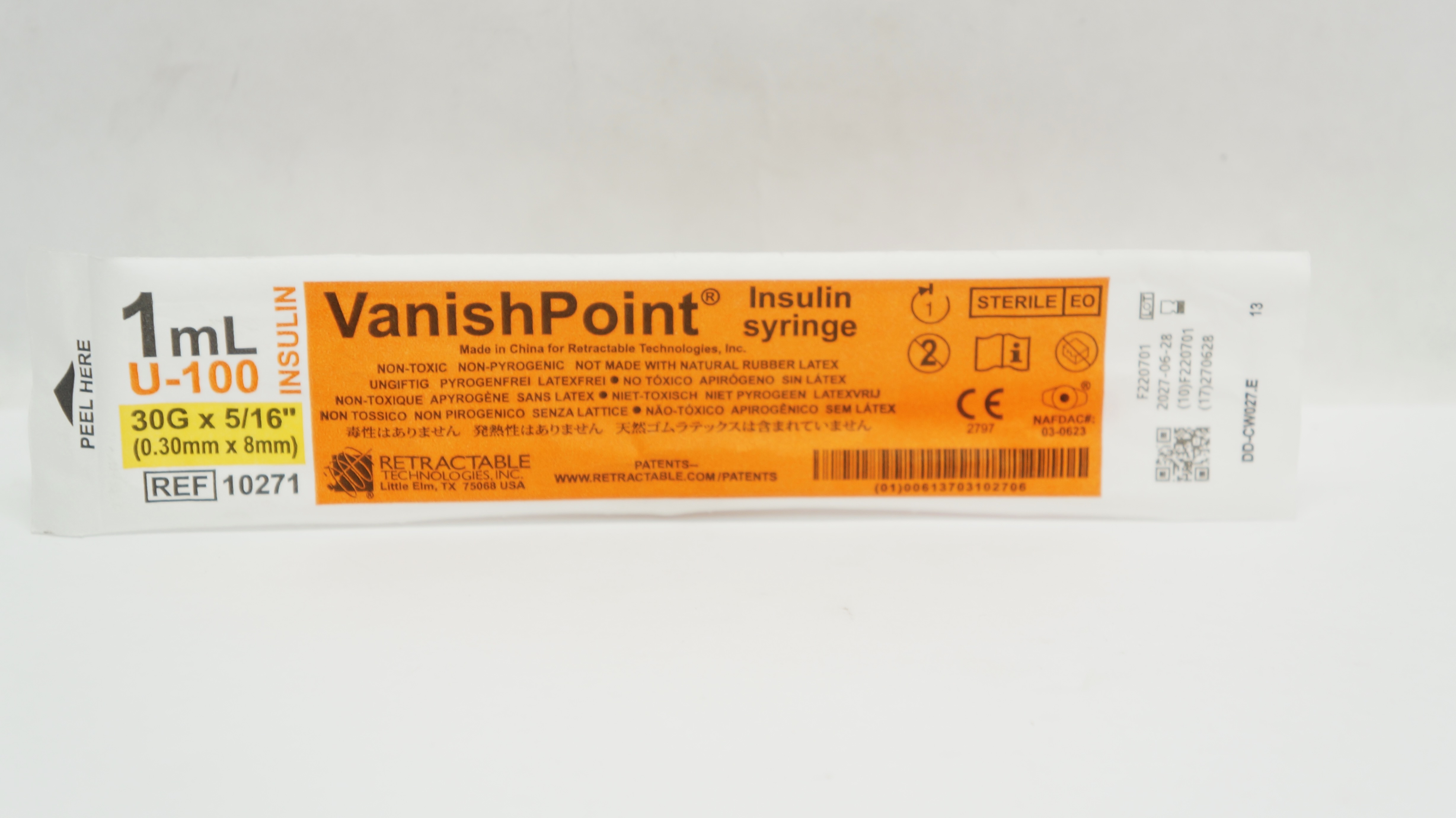Retractable 10271 Vanish Point Insulin Syringe 1mL U-100 30G x 5/16inch