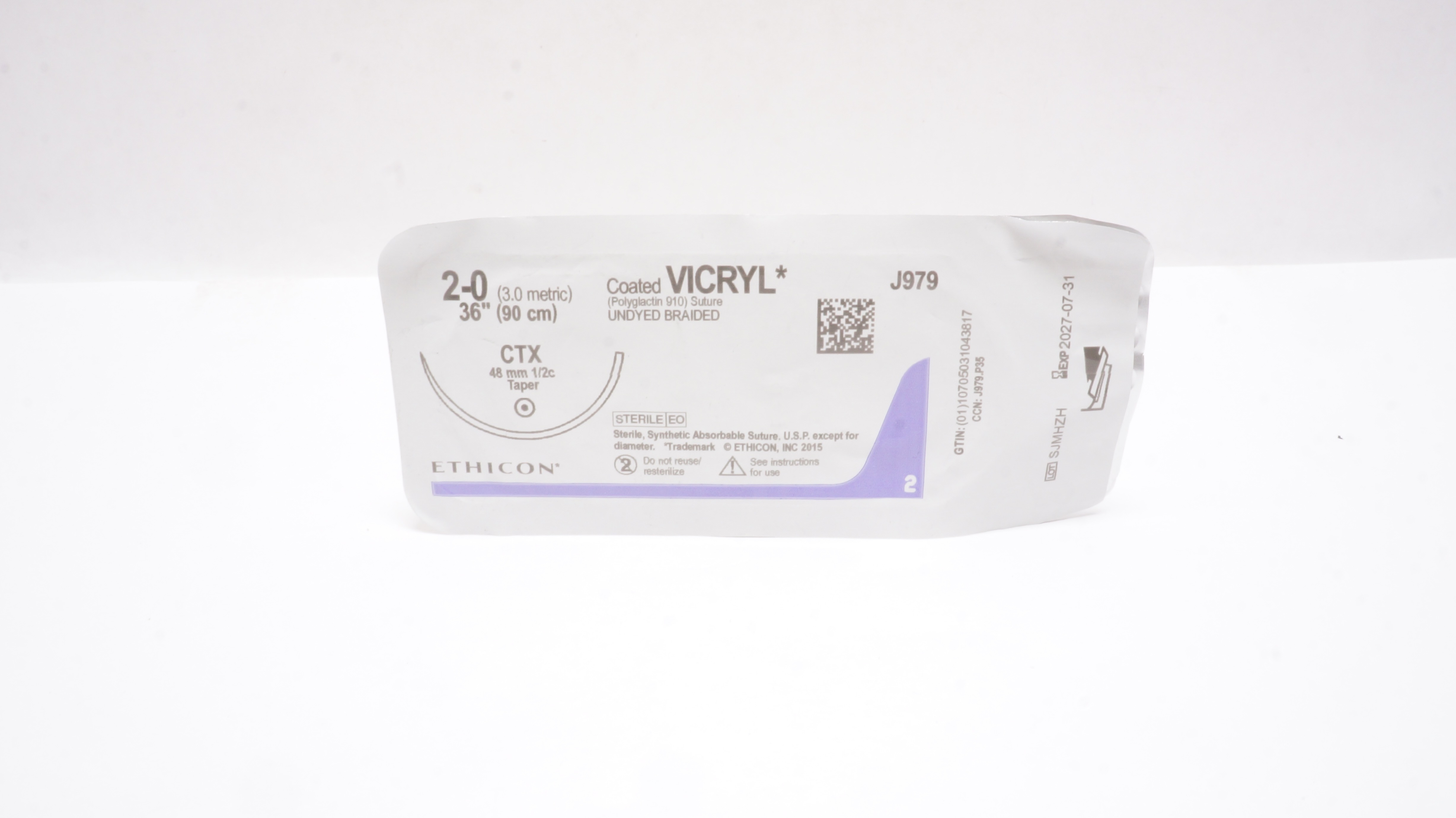 Ethicon J979 2-0 Coated VICRYL Polyglactin Stre CTX 48mm 1/2c Taper 36inch