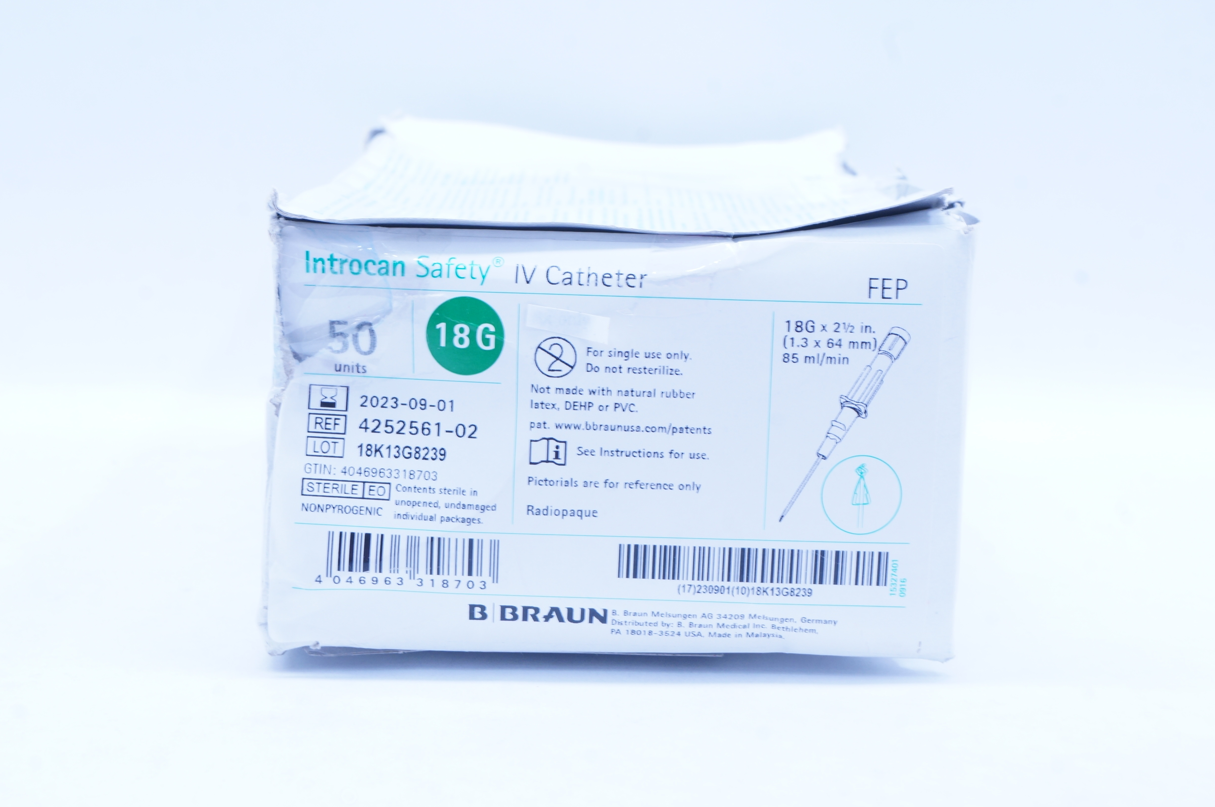 Braun 4252561-02 Introcan Safety IV Cath. 18Gx 2.5inch, 85ml/min - Box of 50