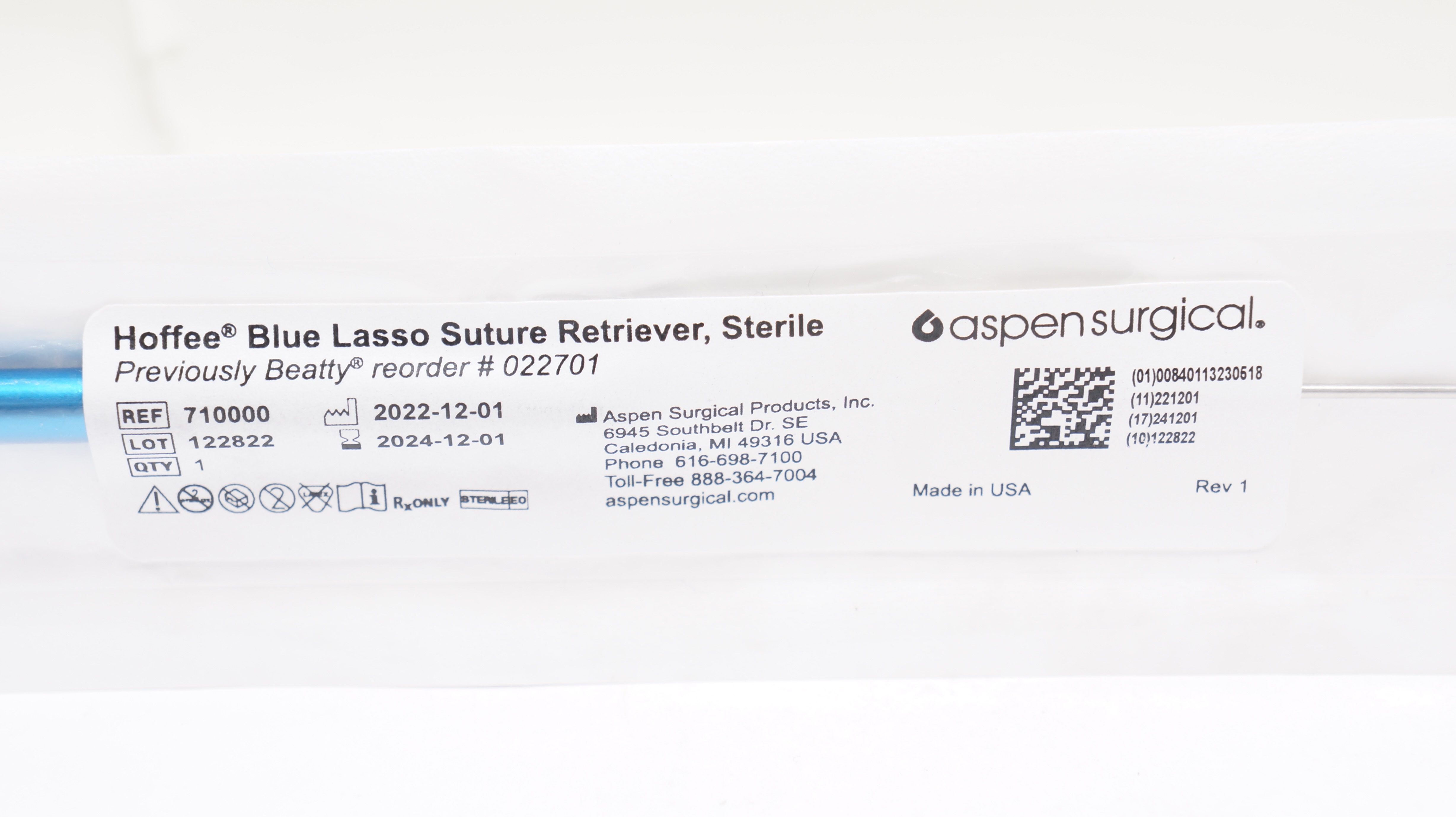 Aspen Surgical 710000 Hoffee Blue Lasso Stre Retriever, Sterile