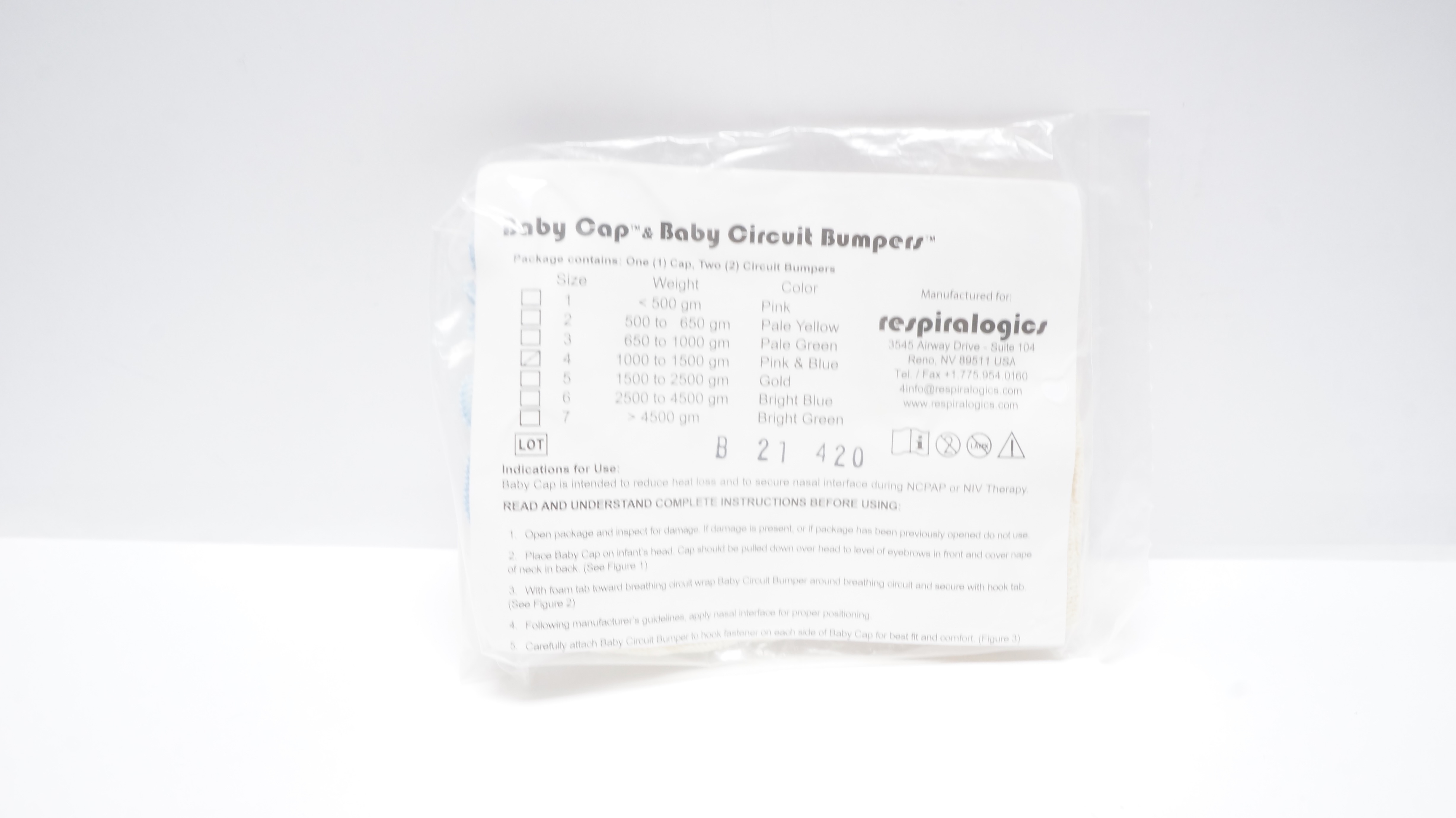 Respiralogics Baby Cap & Baby Circuit Bumpess, Size 4 1000-1500gm, Pink & Blue