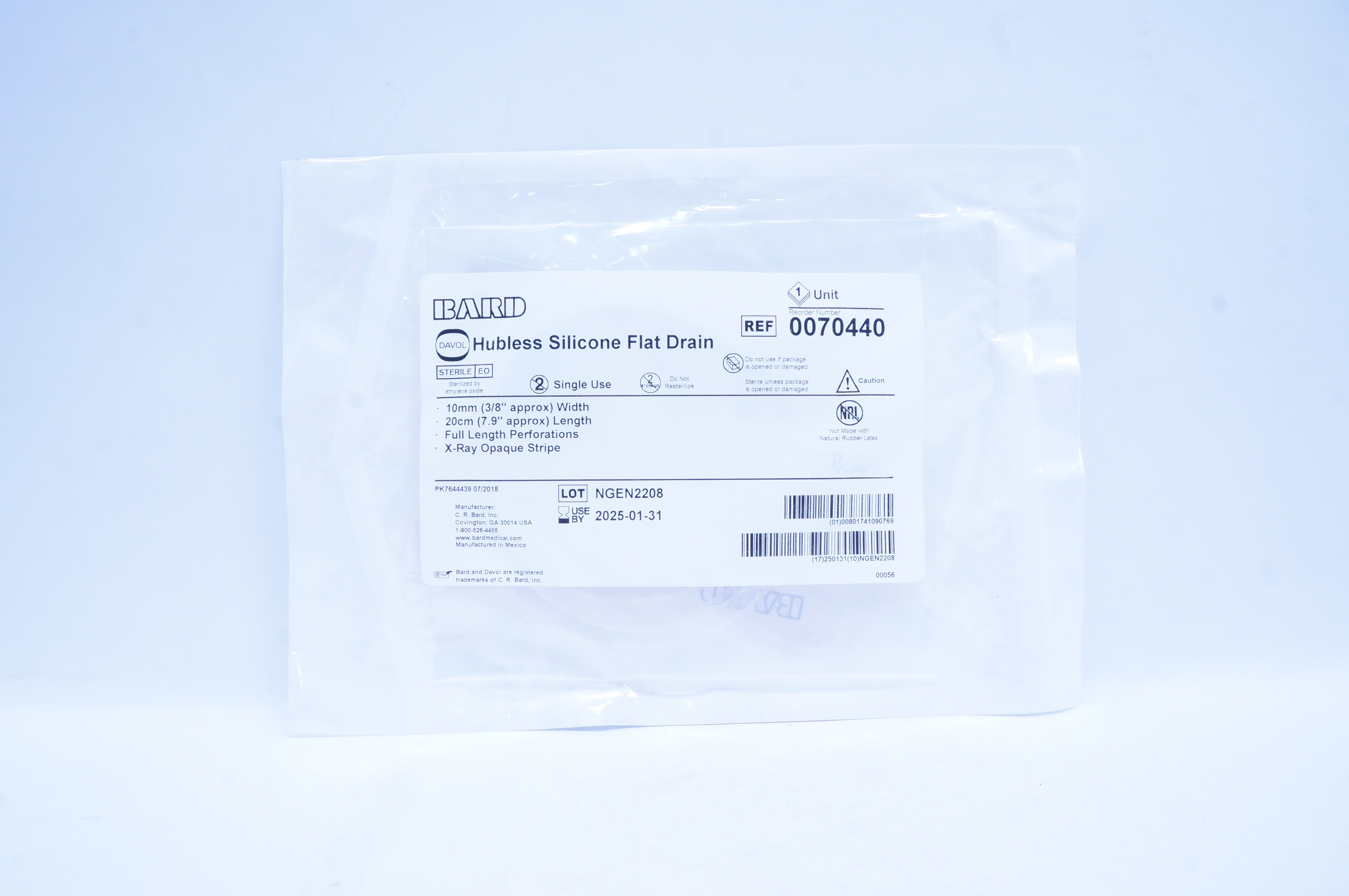 Bard 0070440 Davol Hubless Silicone Flat Drain