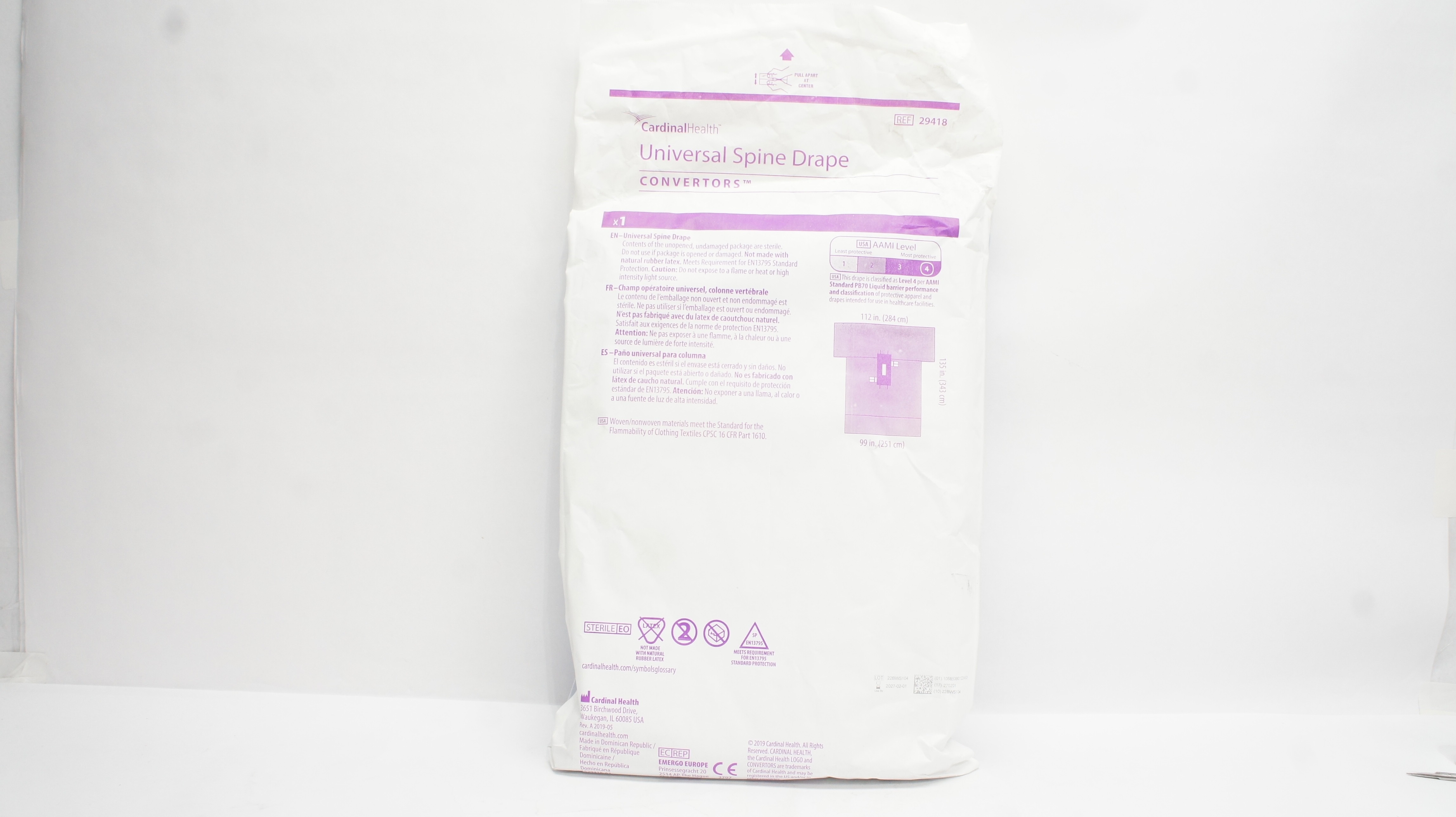 Cardinal Health 29418 Convertors Universal Spine Drape Level4 112 x 135 x 99inch