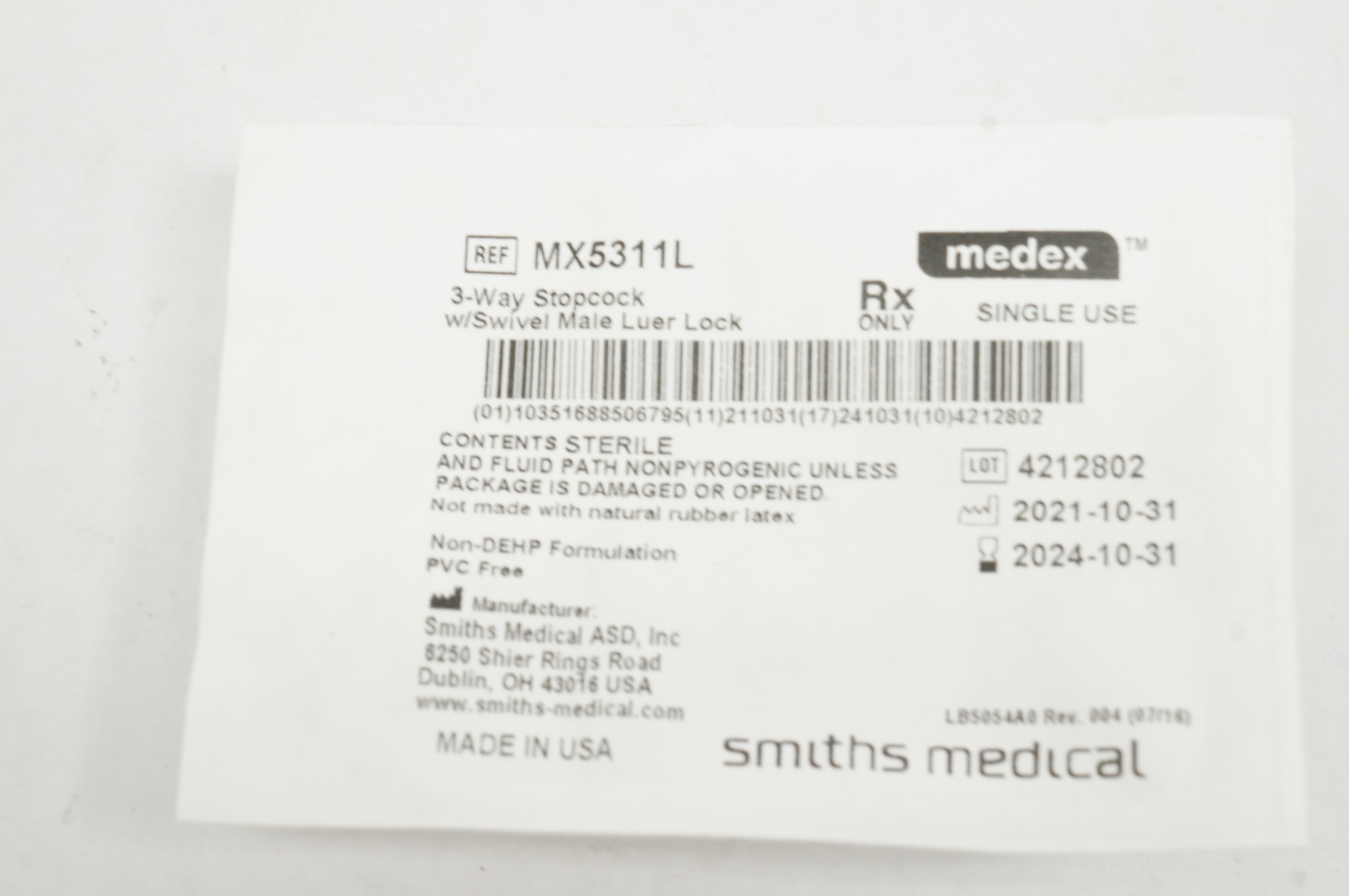 Smiths Medical MX5311L Medex 3-Way Stopcock w/Swivel Male Luer Lock