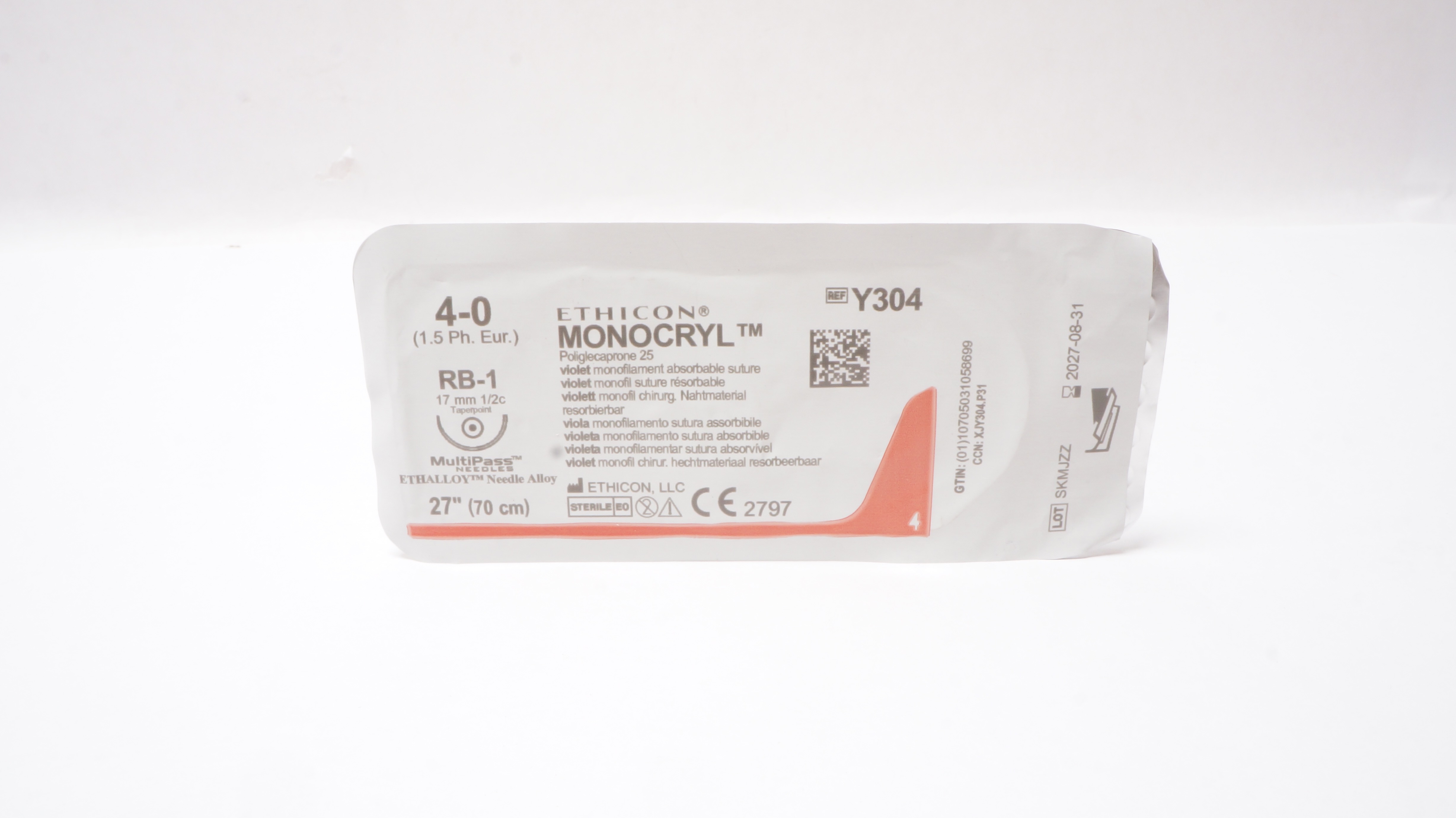 Ethicon Y304 4-0 MONOCRYL, RB-1, 17mm 1/2c Taper, 27inch