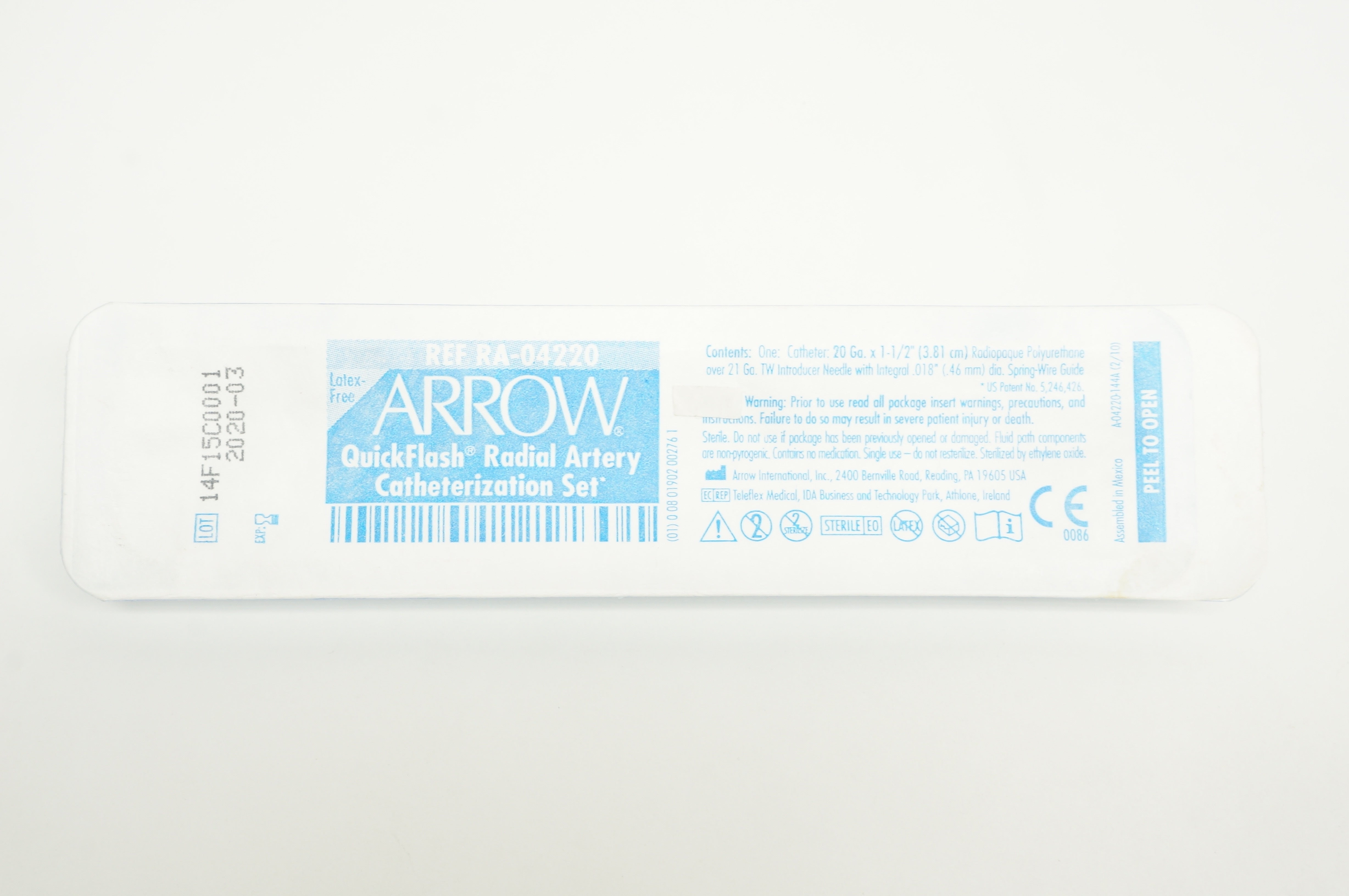 Arrow RA-04220 QuickFlash Radial Artery Catheterization Set 20Ga. x 1-1/2in. (x)