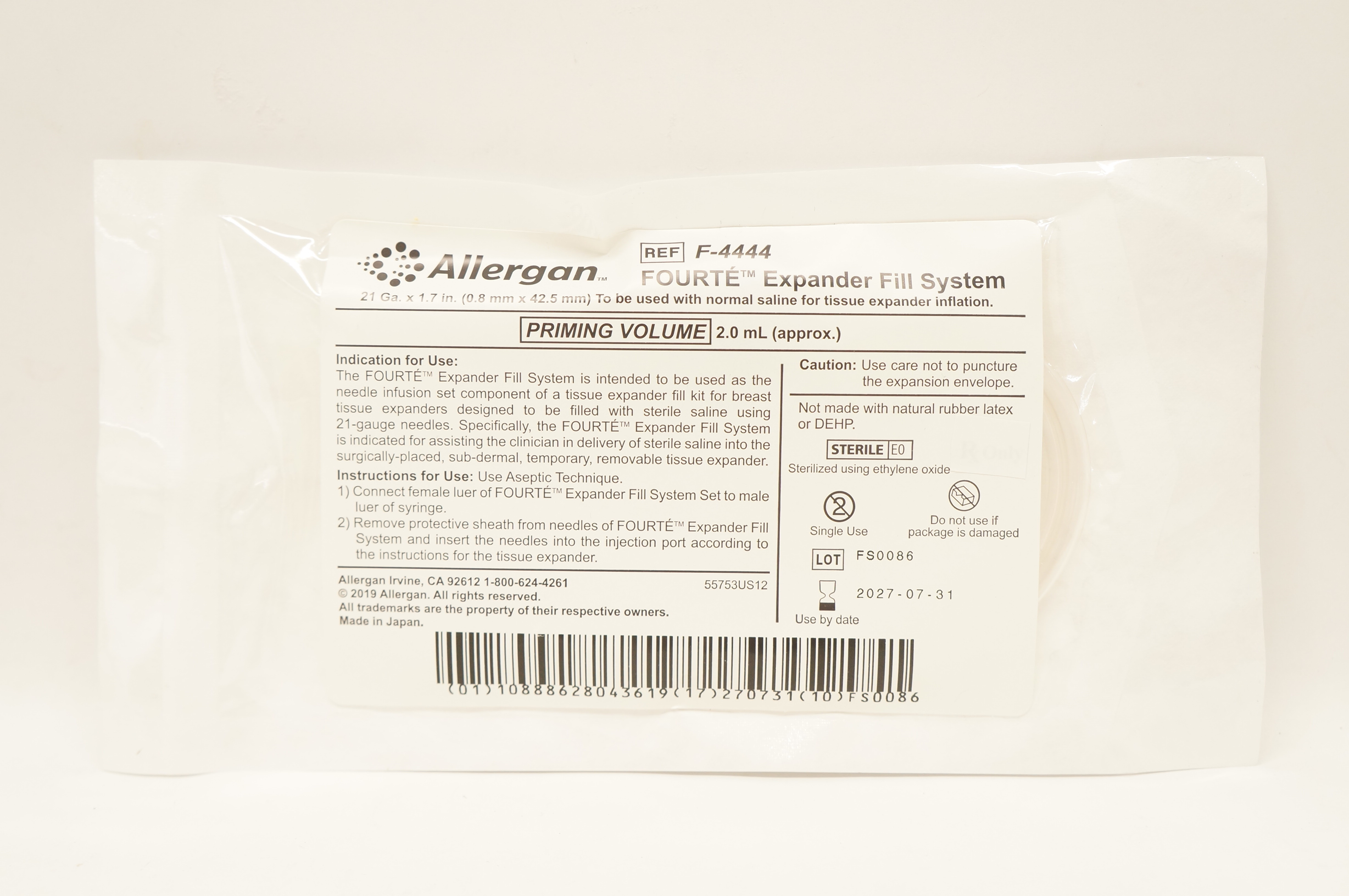 Allergan F-4444 Fourte Expander Fill System 21 Ga x 1.7 inch Priming Vol. 2.0mL