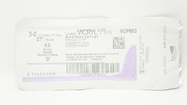 Ethicon VCP663 3-0 VICRYL Plus Stre KS 60mm Straight Reverse Cutting, 27inch(x)