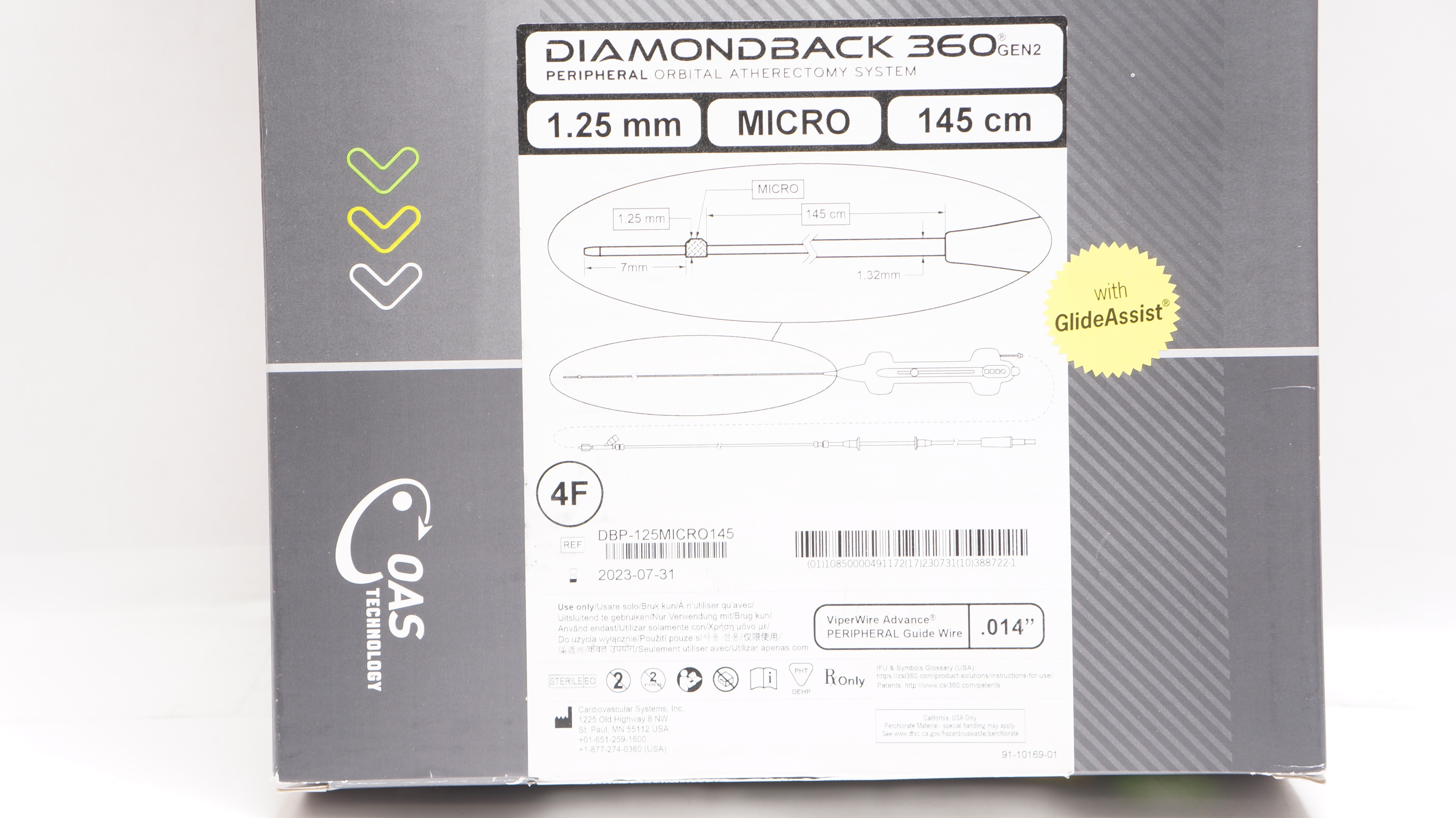 CSI DBP-125MICRO145 Diamondback 360 Peripheral Atherectomy System 4Fr x 145cm(x)