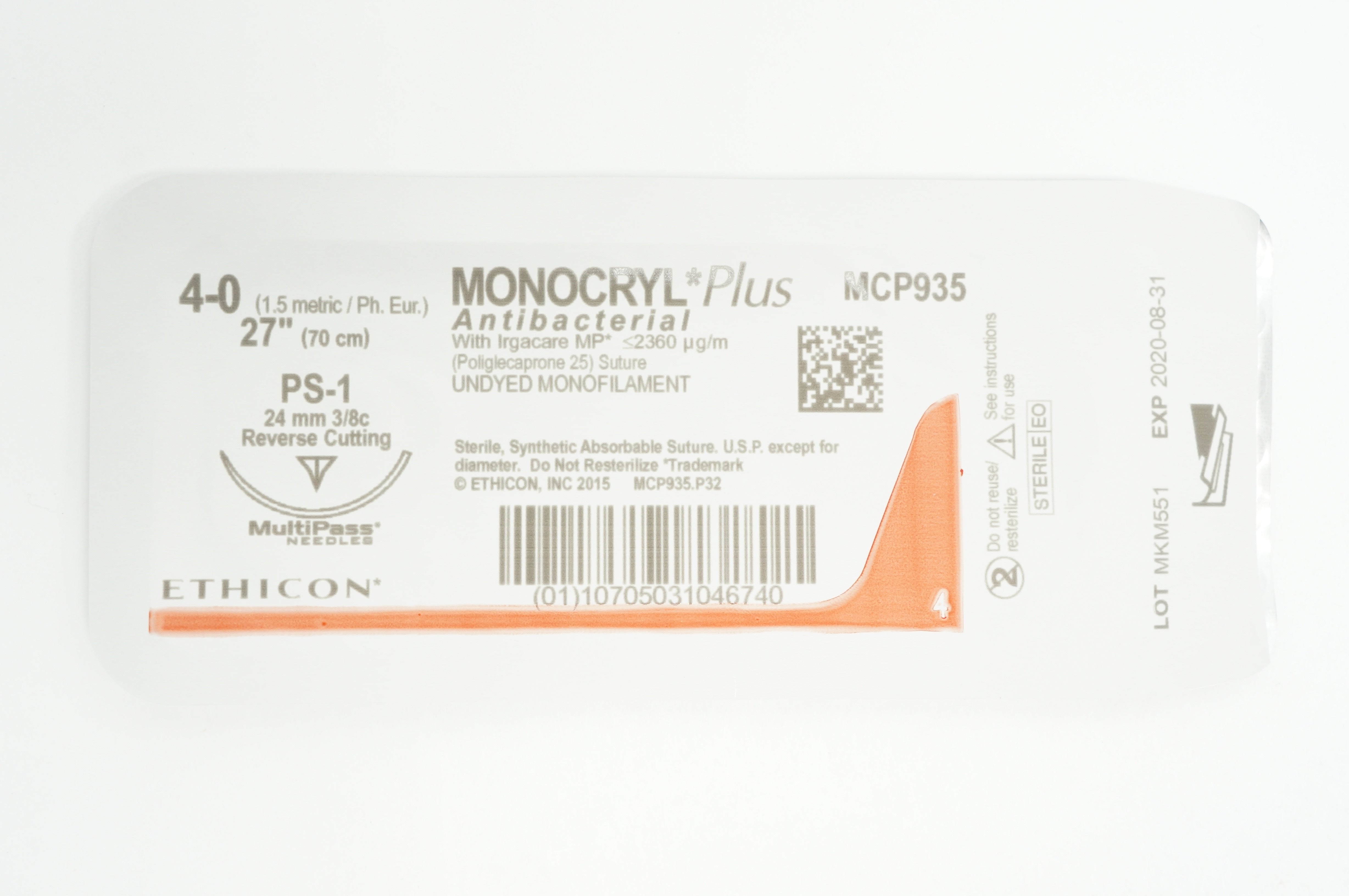 Ethicon MCP935 4-0 MONOCRYL Plus PS-1, 24mm 3/8c Reverse Cutting, 27inch (x)