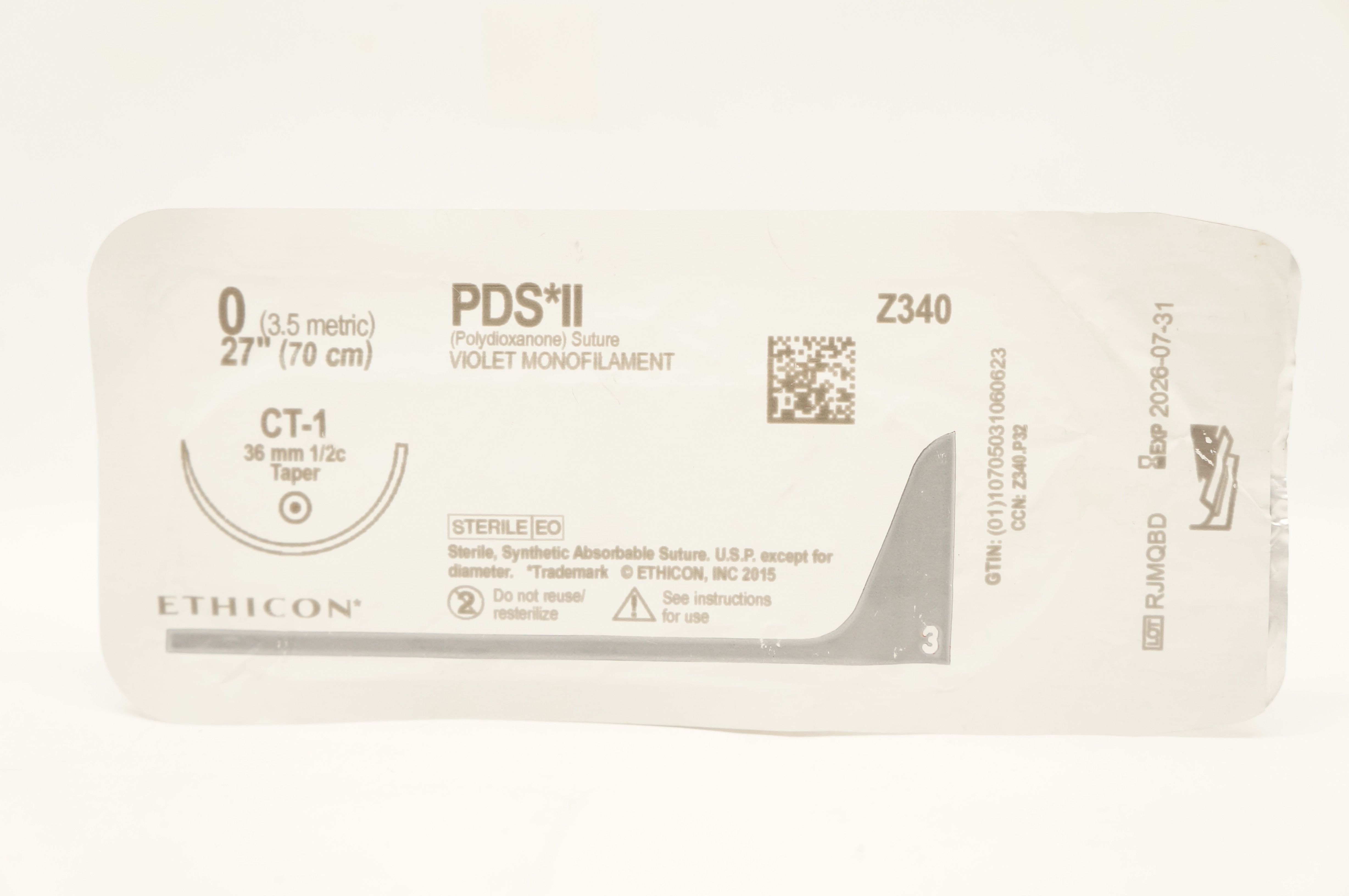 Ethicon Z340 0 PDS II Polydioxanone Stre CT-1 36mm 1/2c Taper, 27inch