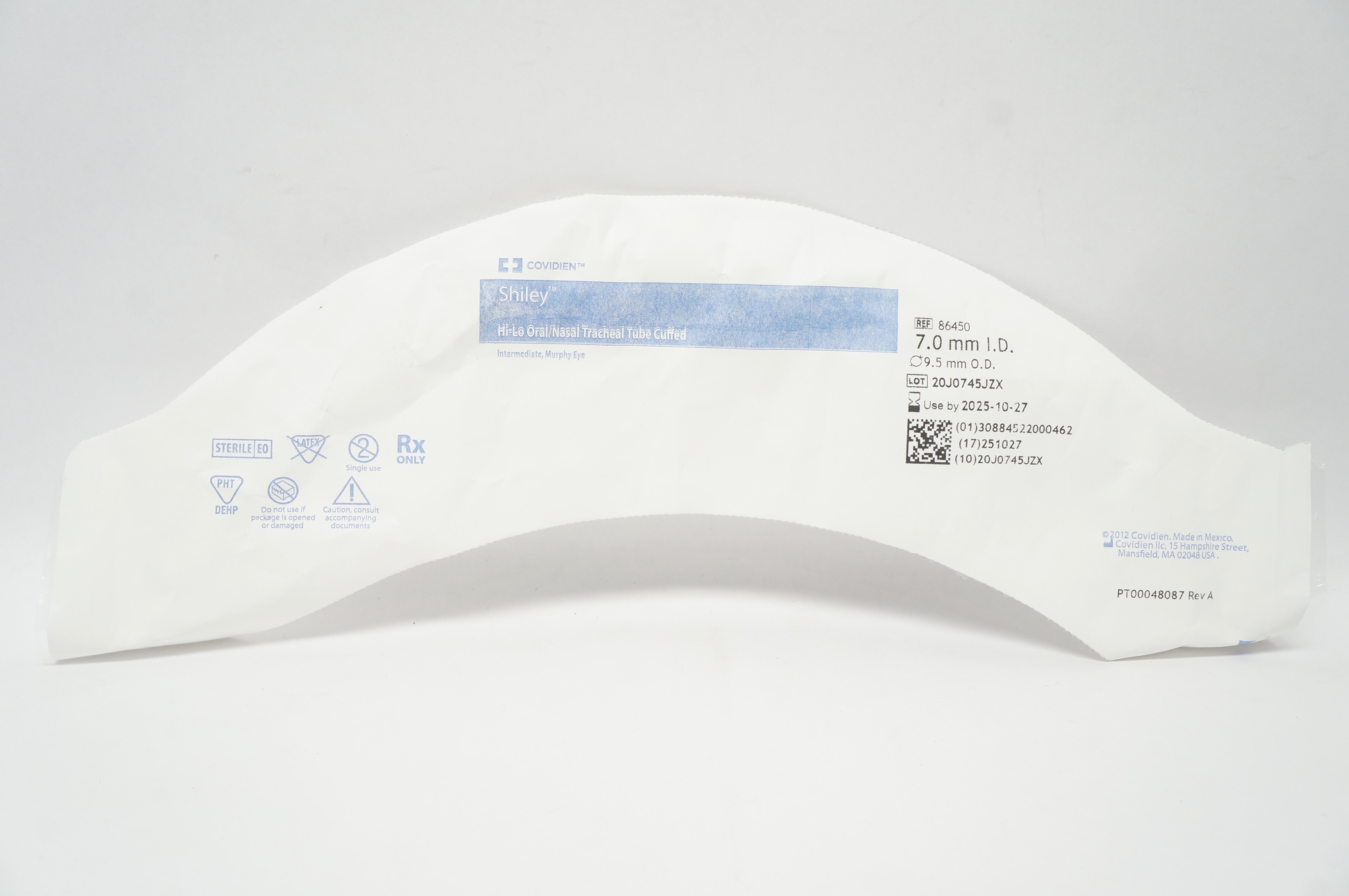 Covidien 86450 Shiley Hi-Lo Oral/Nasal Tracheal Tube Cuffed 7.0mm ID x 9.5mm OD