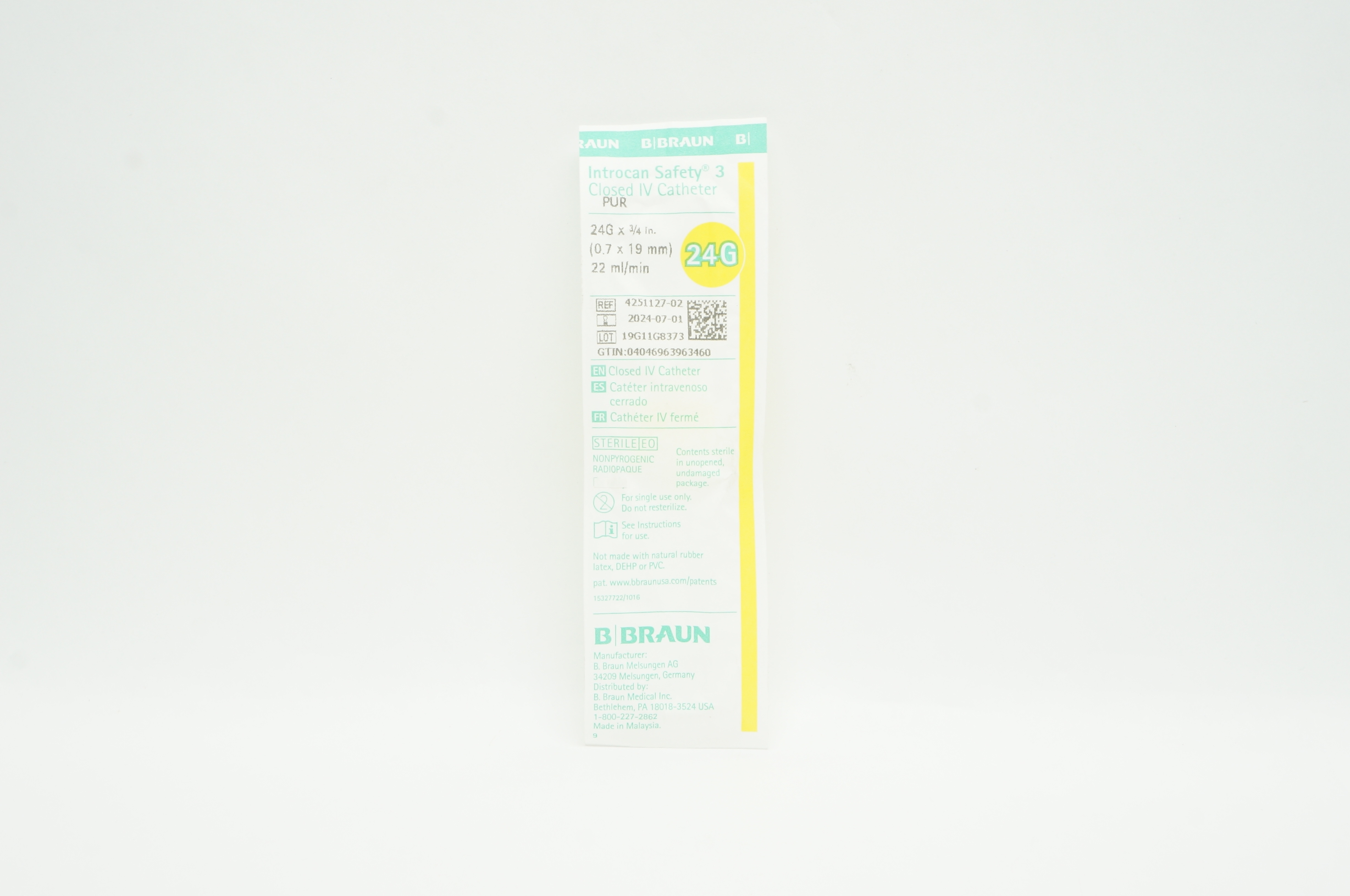 Braun 4251127-02 Introcan Safety 3 Closed IV Cath. 24G x 3/4inch