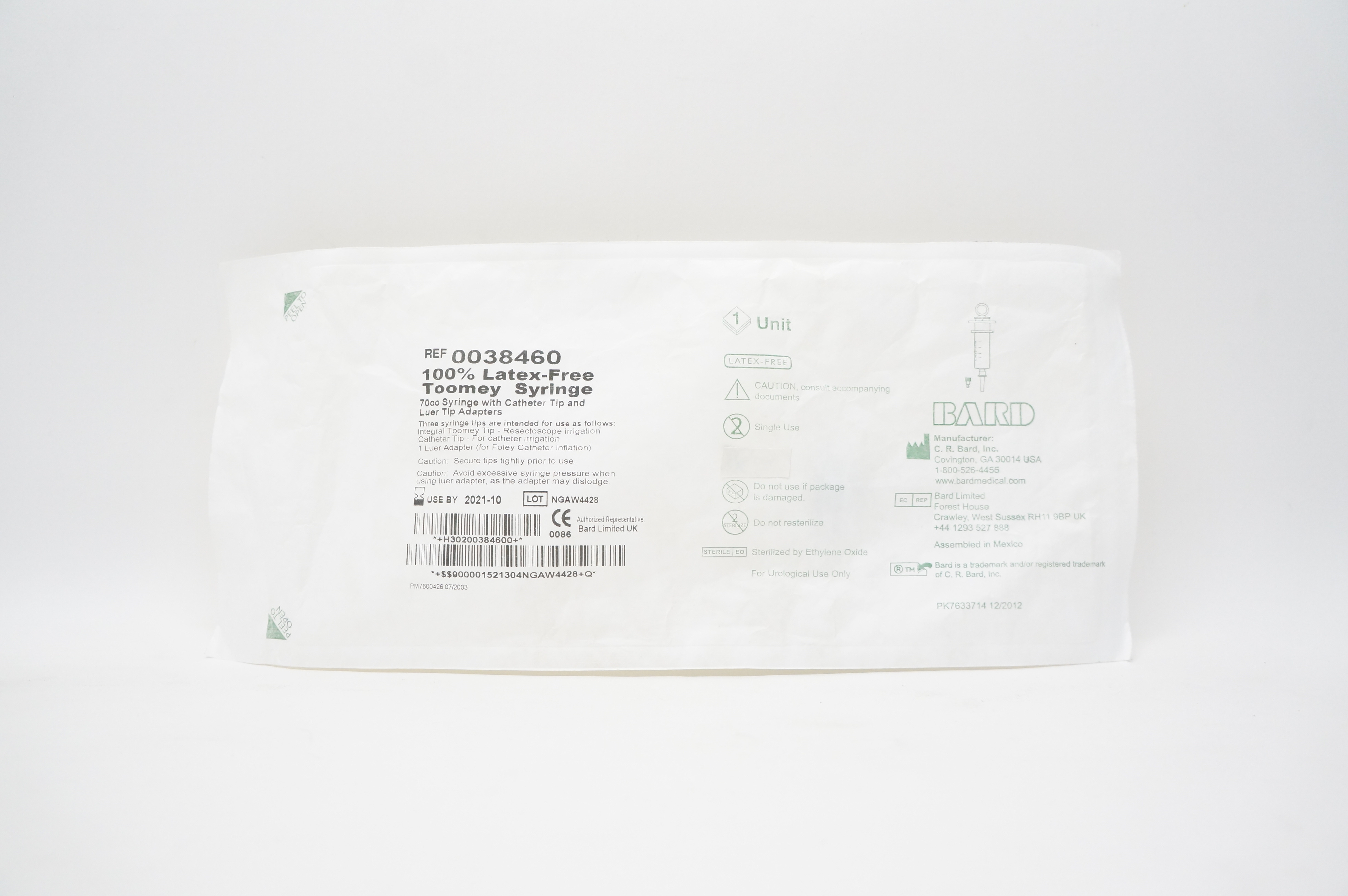 Bard 0038460 Toomey Syringe 70cc With Cath. Tip & Luer Tip Adapters (x)