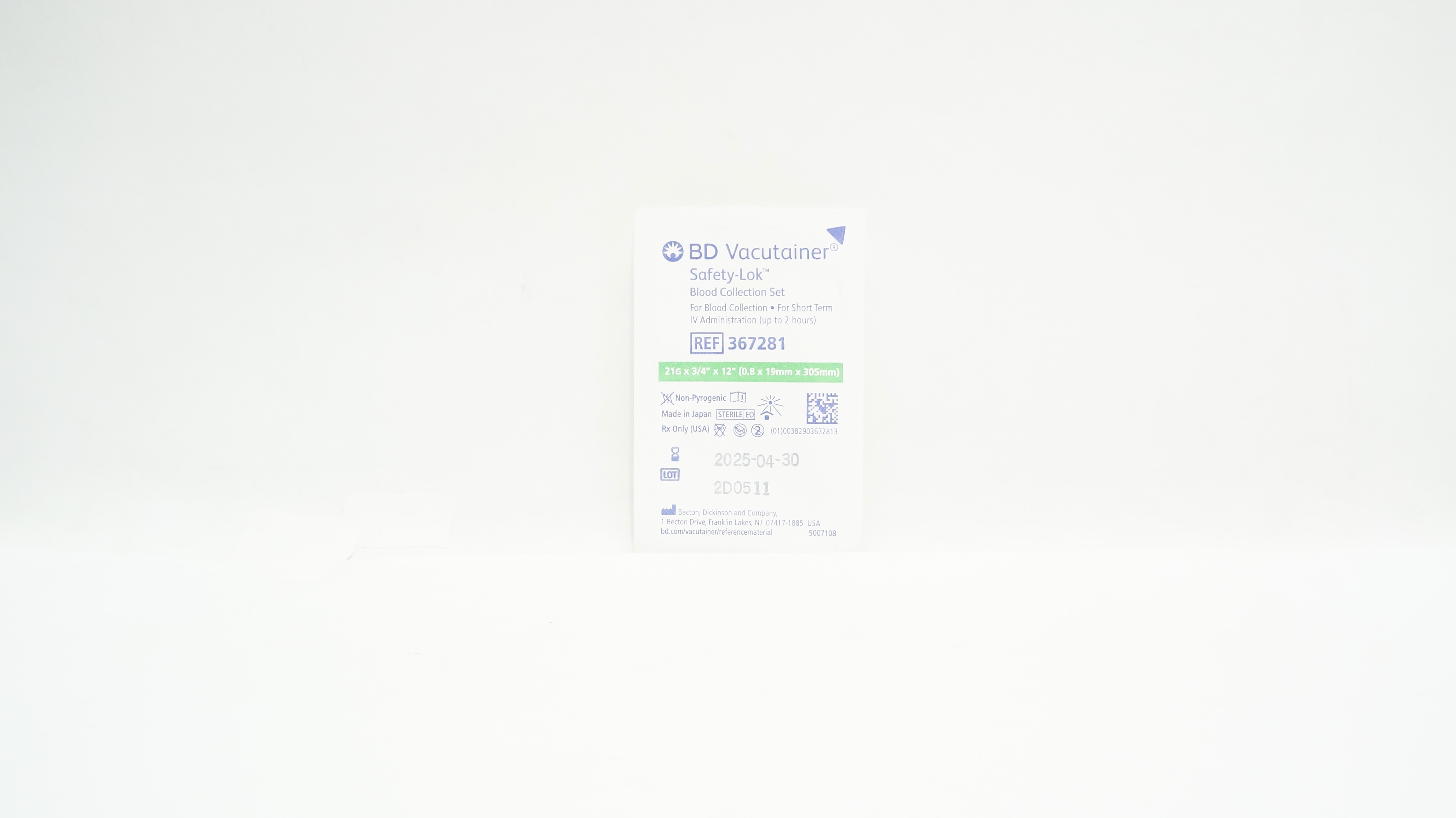 BD 367281 Vacutainer Safety-Lok Blood Collection Set 21G x 3/4inch x 12inch