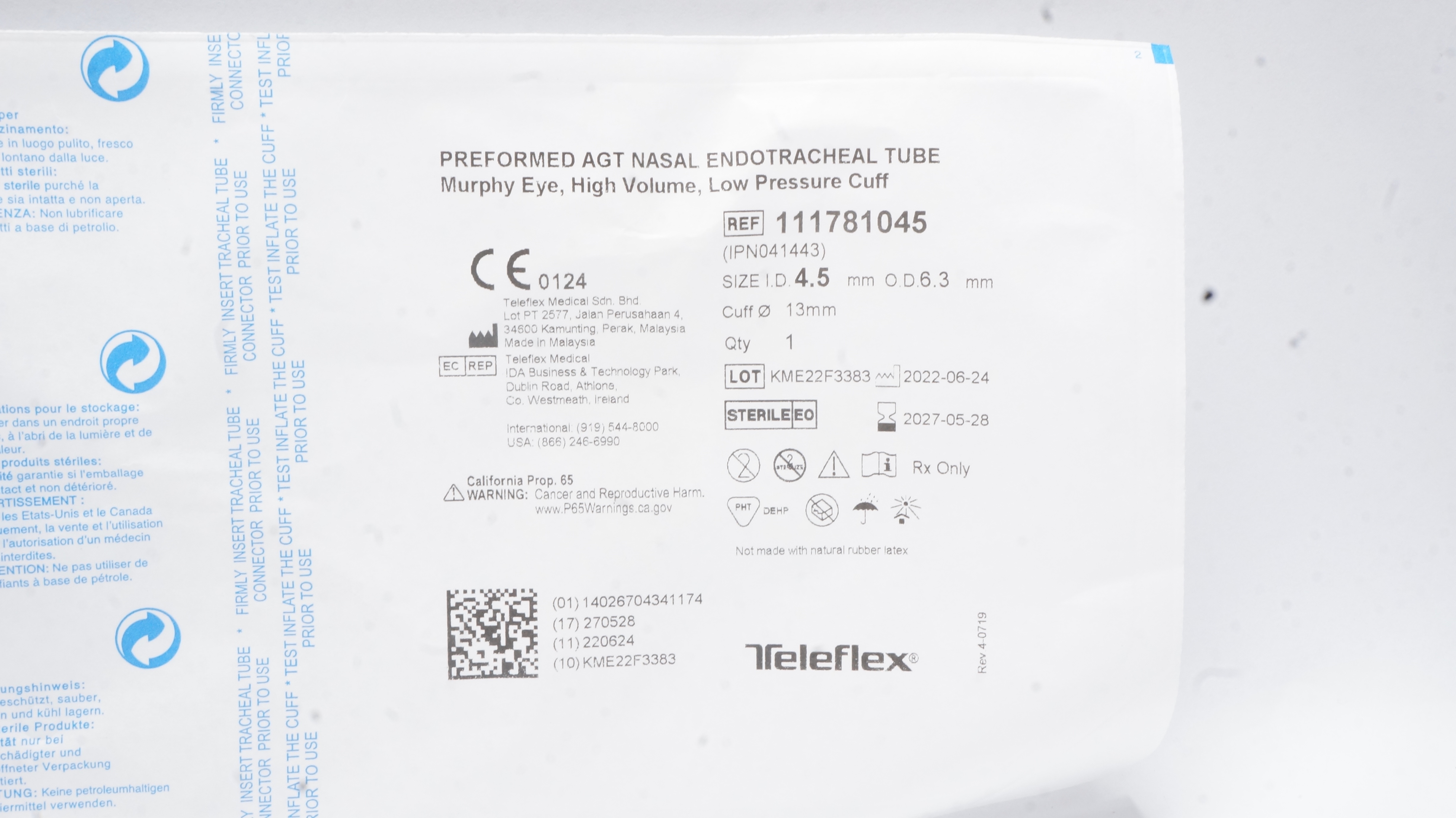 Teleflex 111781045 Preformed Agt Nasal Endotracheal Tube 4.5 ID x 6.3 OD x 13mm