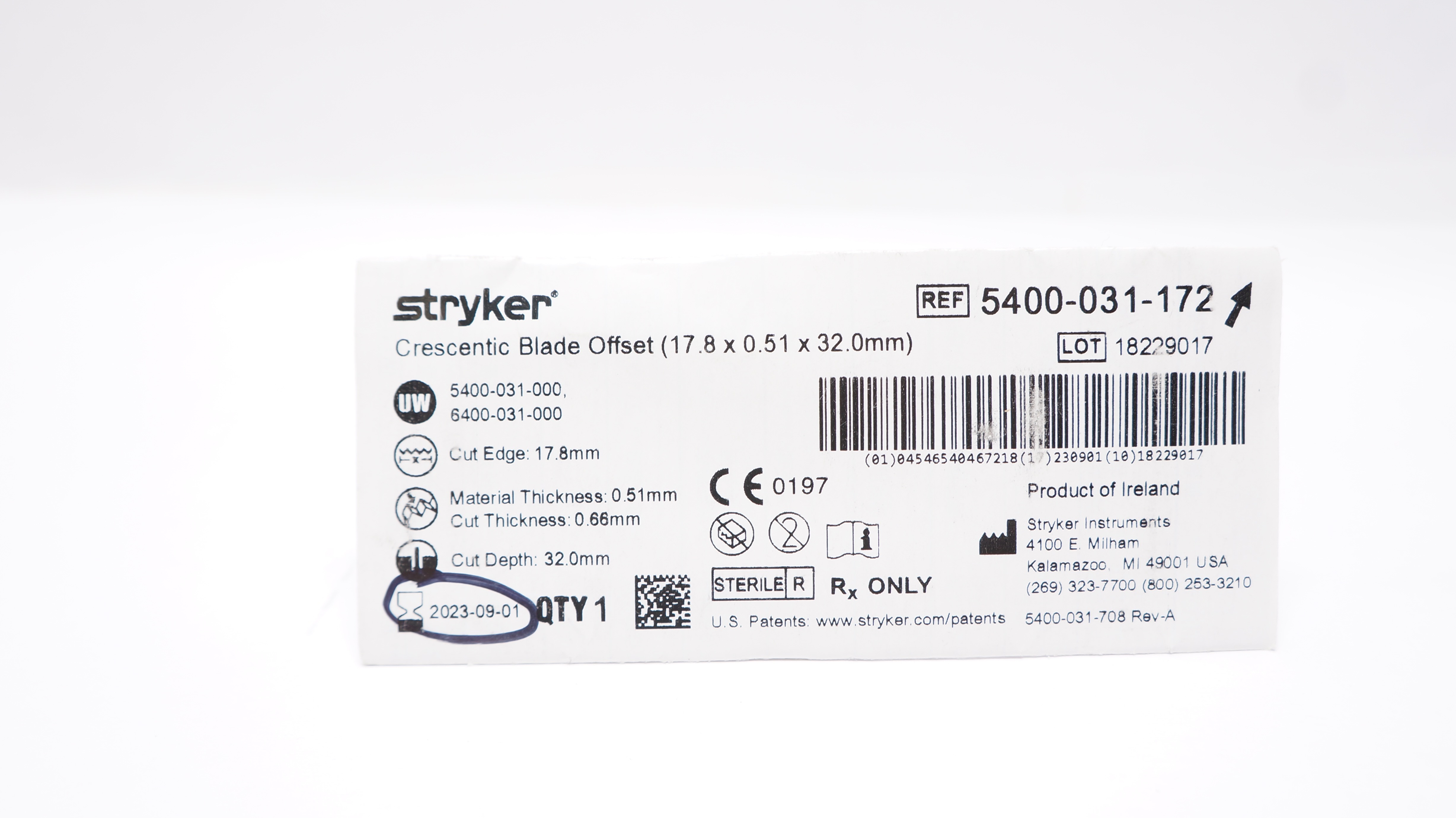 Stryker 5400-031-172 Crescentic Blade Offset 17.8 x 0.51 x 32.0mm (x)