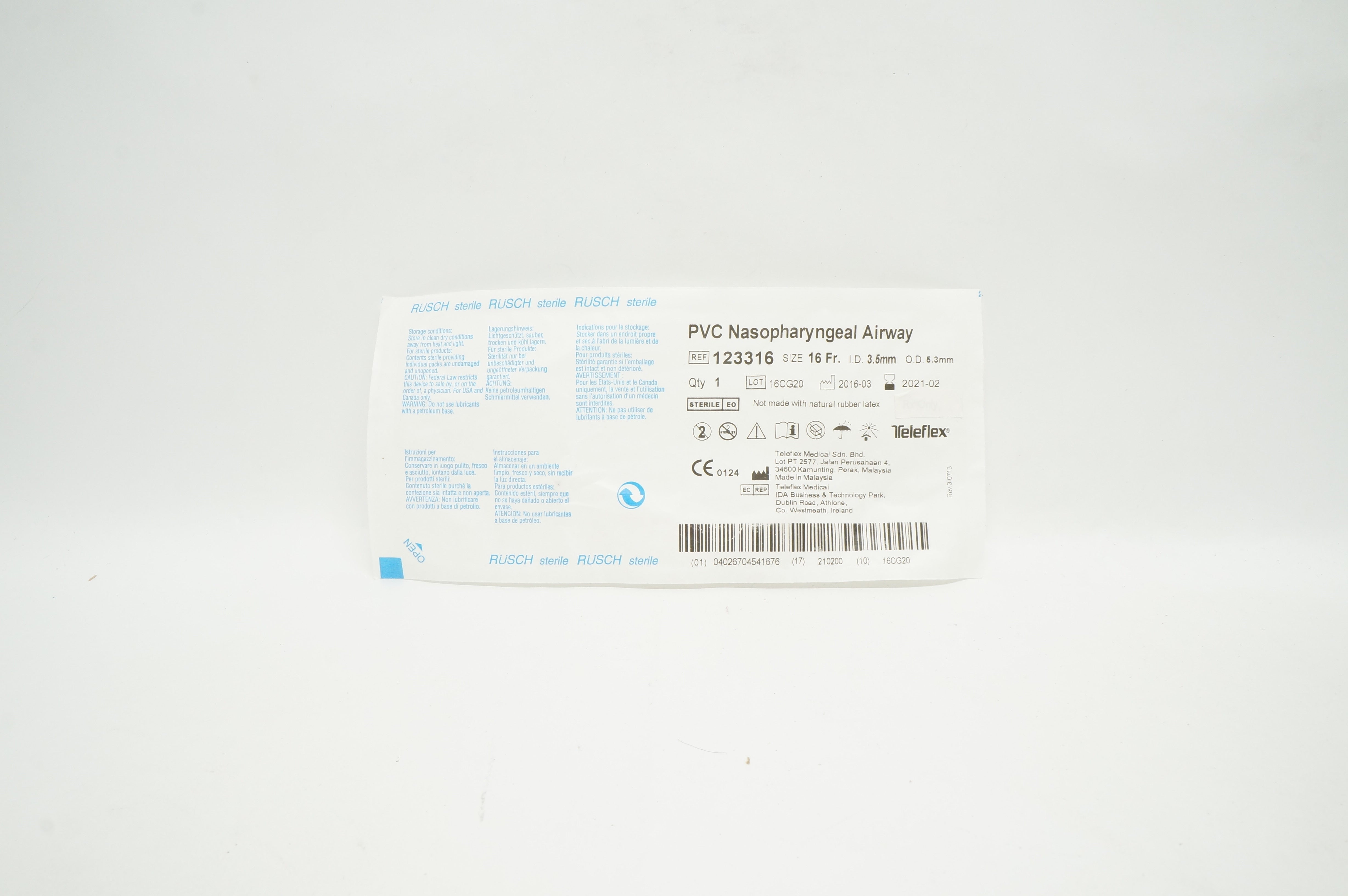 Teleflex 123316 Rusch PVC Nasopharyngeal Airway 16Fr x 3.5mm ID x 5.3mm OD (x)