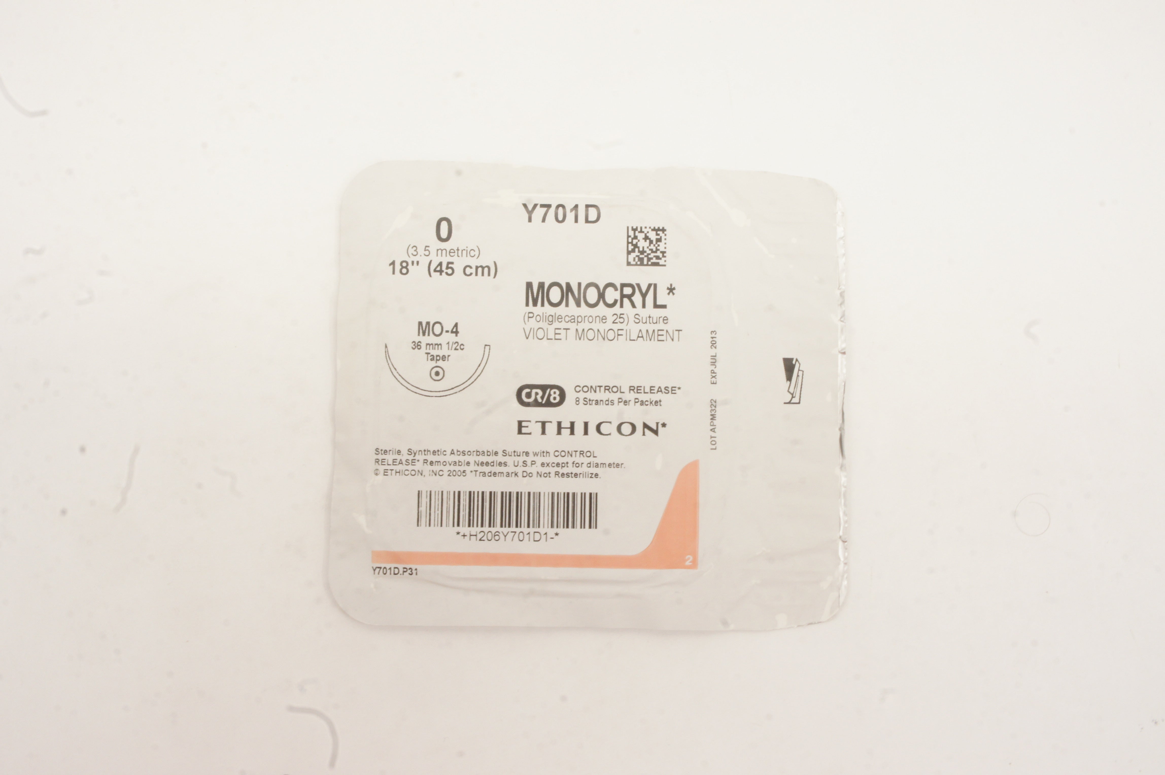 Ethicon Y701D 0 MONOCRYL, MO-4, 36mm 1/2c Taper, 18inch (x)