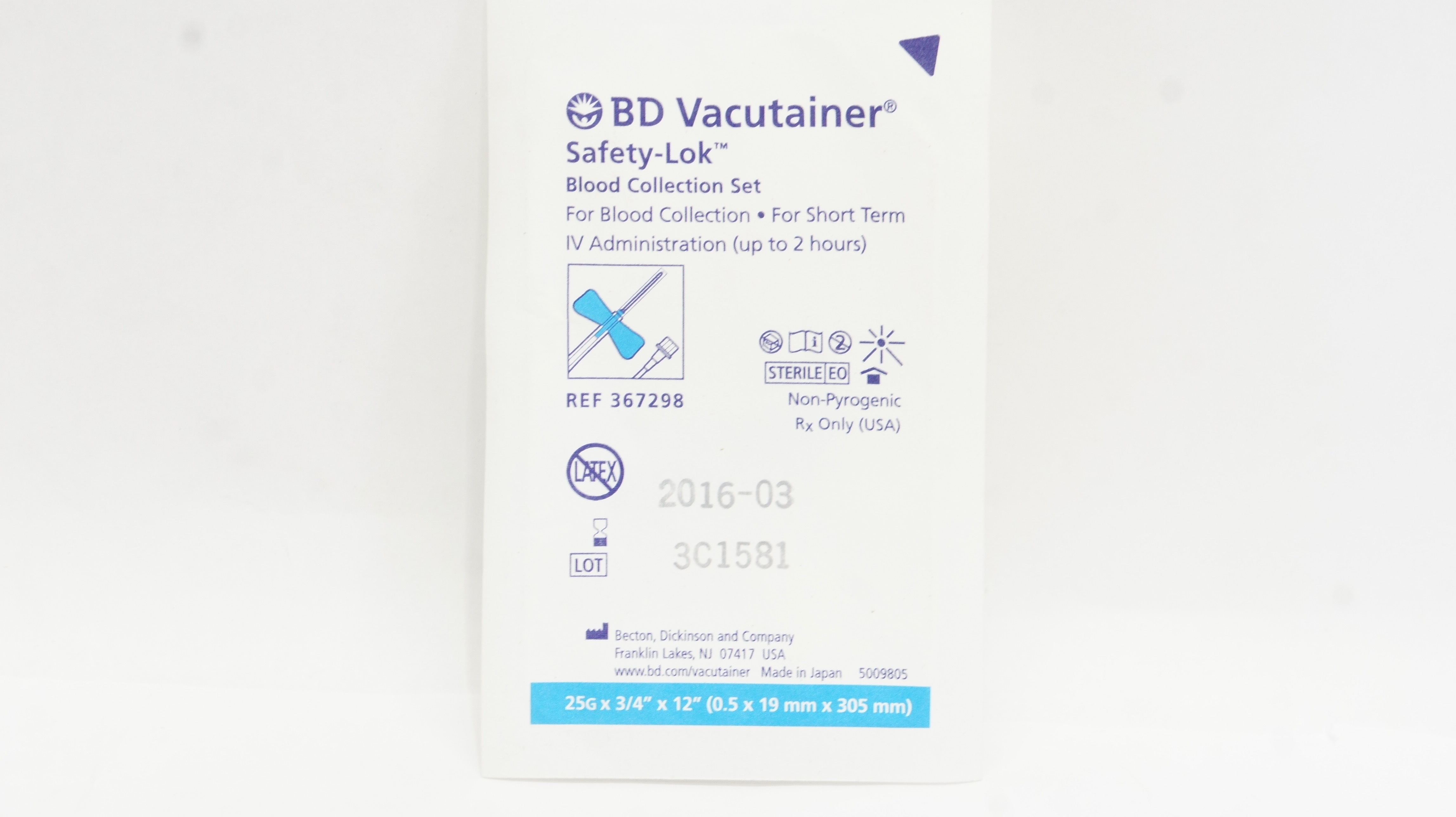 BD 367298 Vacutainer Safety-Lok Blood Collection Set 25G x 3/4inch x 12inch (x)