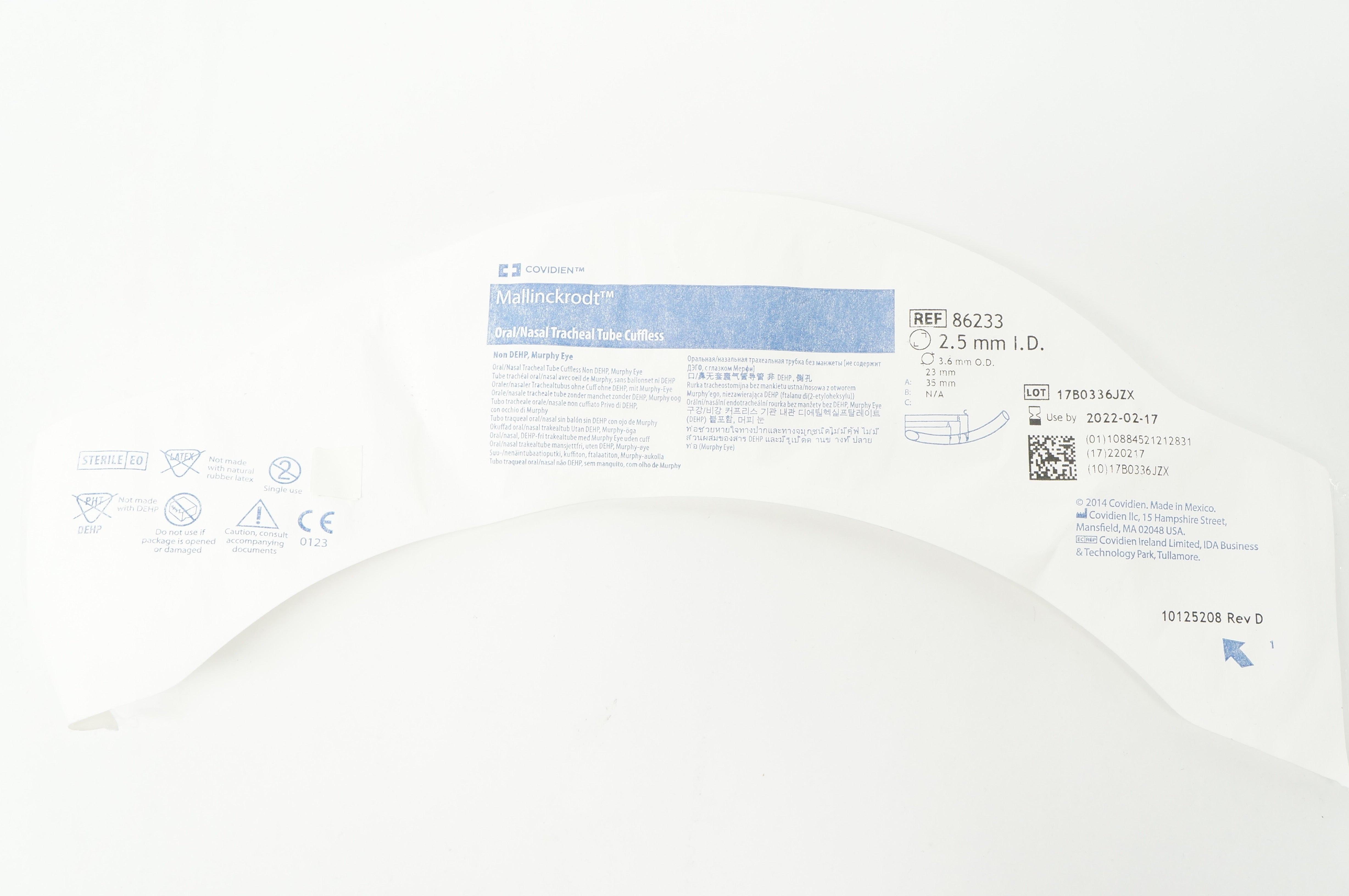 Covidien 86233 Mallinckrodt Oral/Nasal Tracheal Tube Cuffless 2.5ID x 3.6mmOD(x)