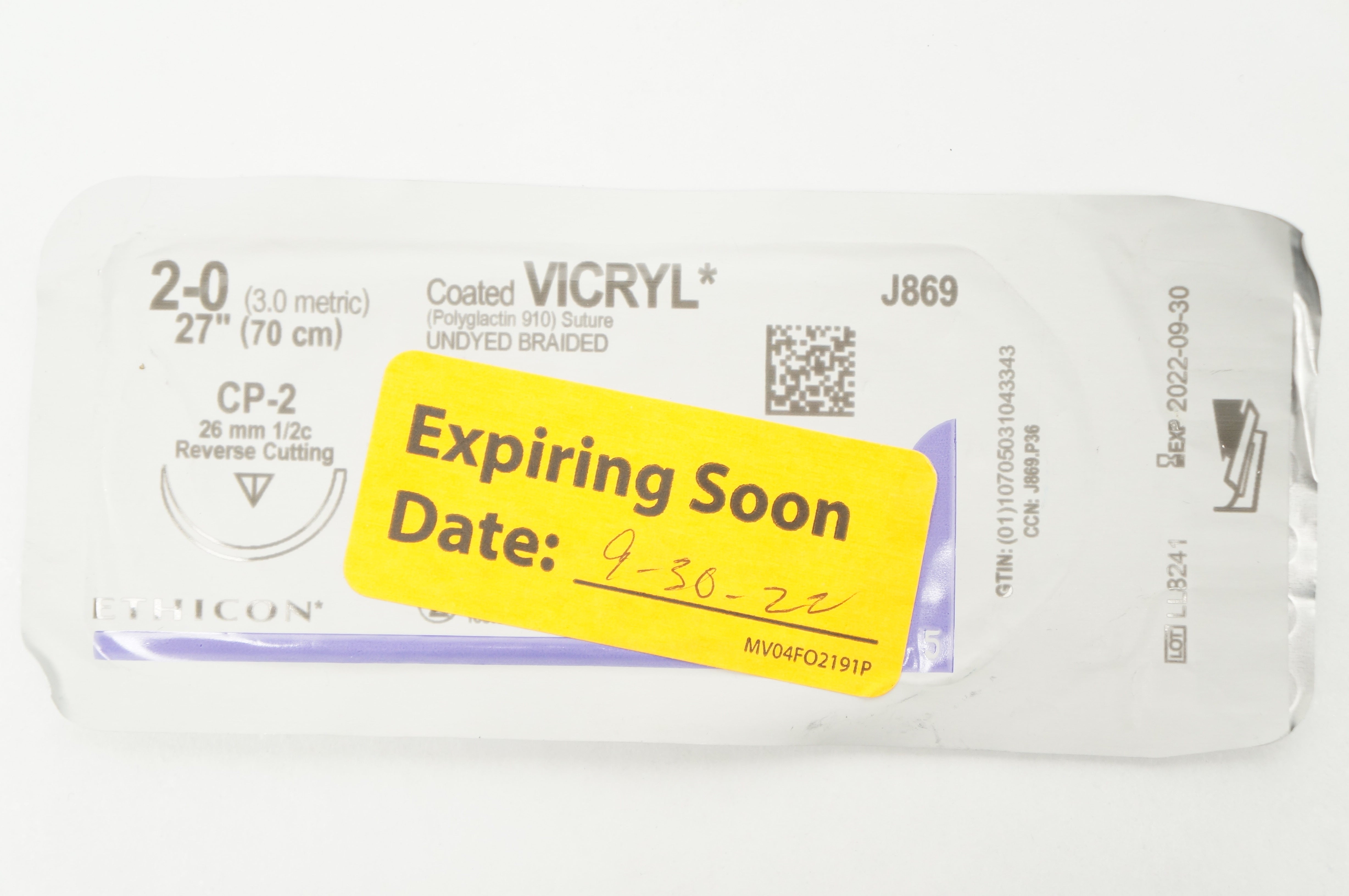 Ethicon J869 2-0 Coated Vicryl Polyglactin 910 Stre CP-2 26mm 1/2c 27inch