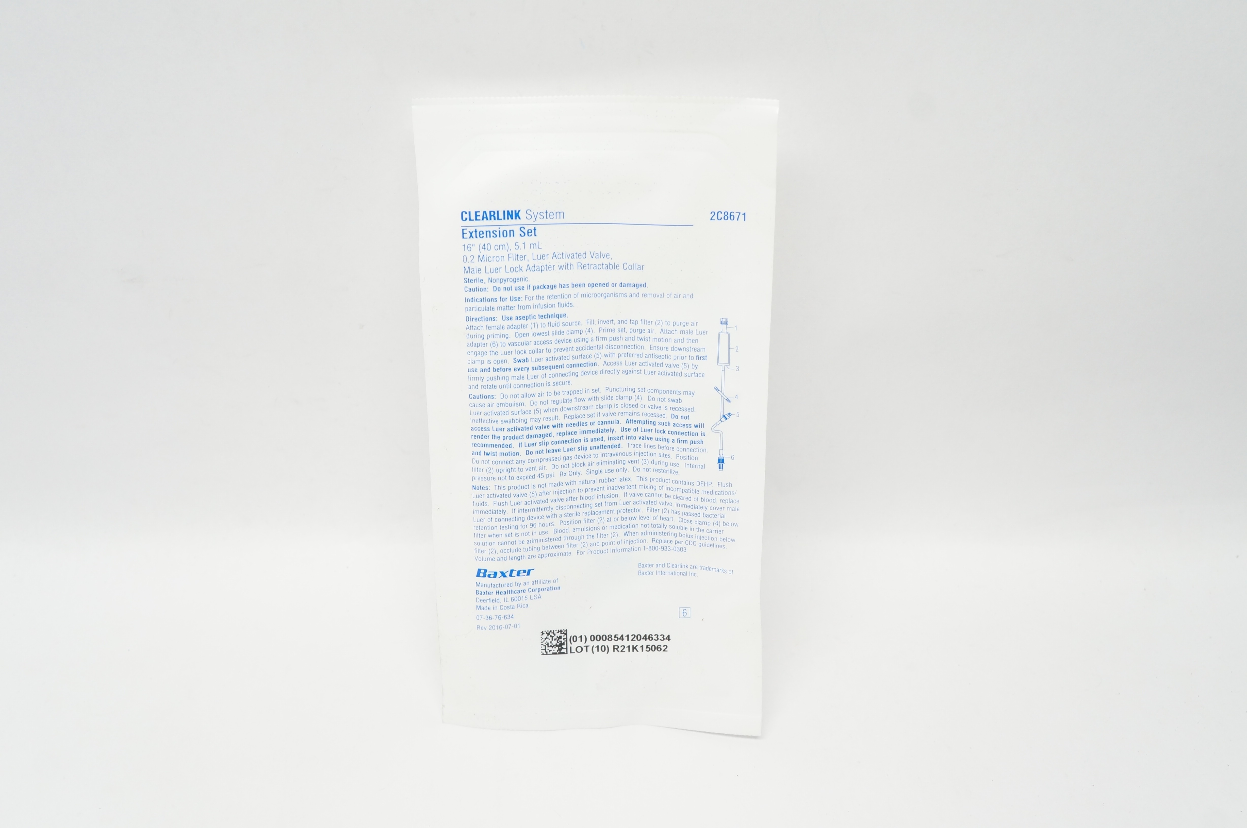 Baxter 2C8671 Clearlink System Extension Set 16 inch x 5.1 mL, 0.22Micron Filter