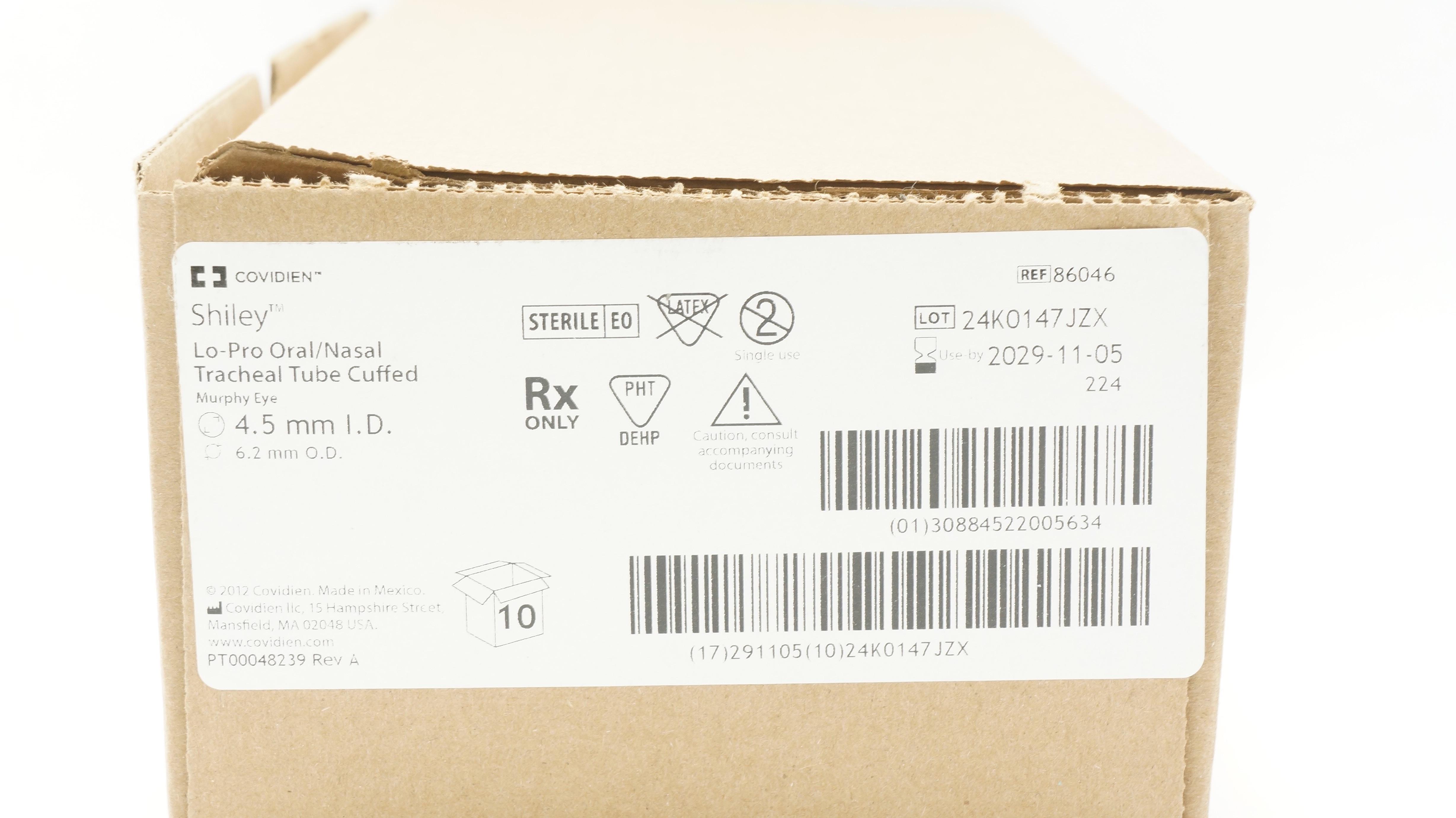 Covidien 86046 Shiley Lo-Pro Oral/Nasal Tracheal Tube 4.5ID x 6.2mmOD - Box of 9