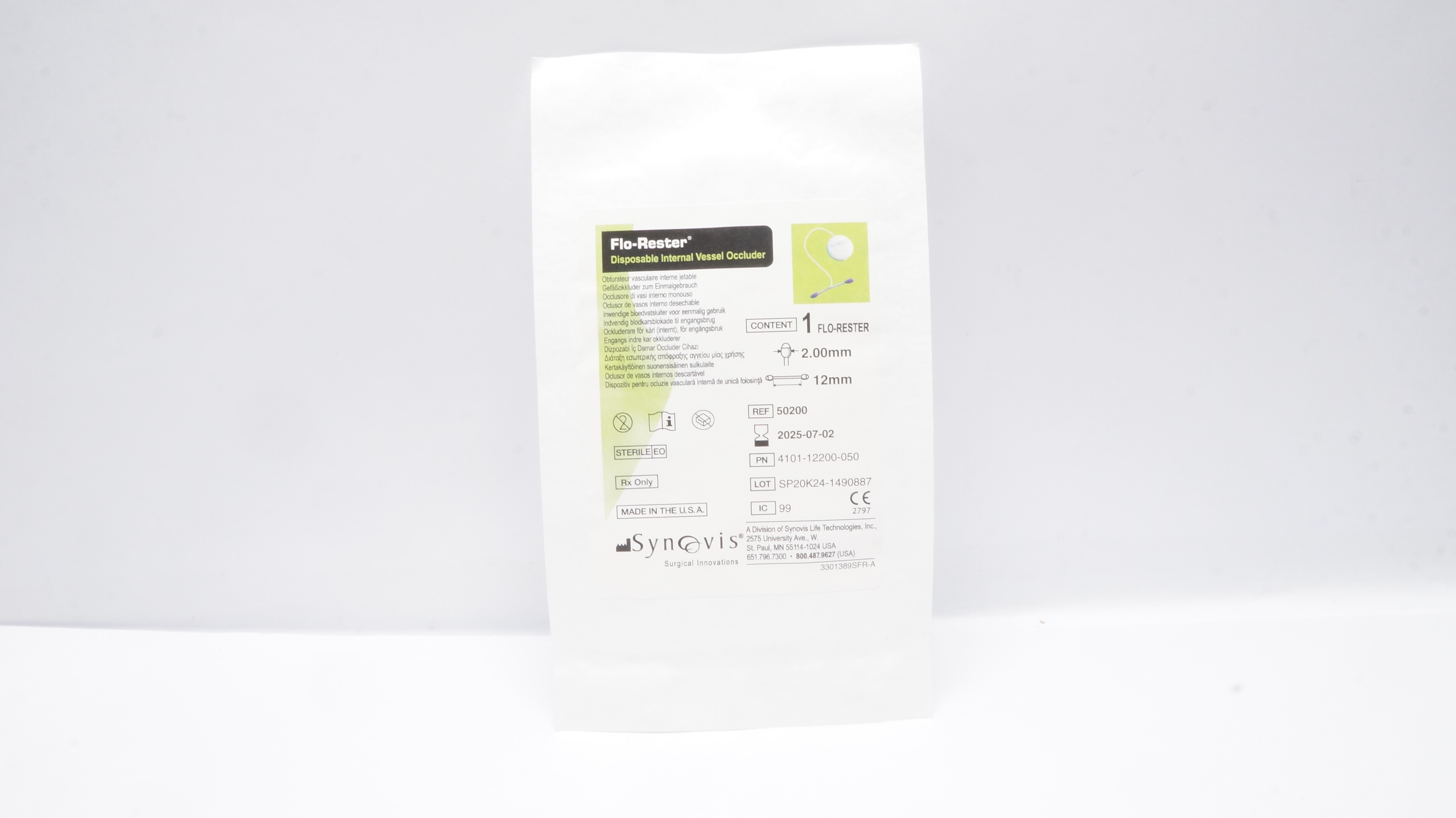 Synovis 50200 Flo-Rester Disposable Internal Vessel Occluder 2.00 x 12mm