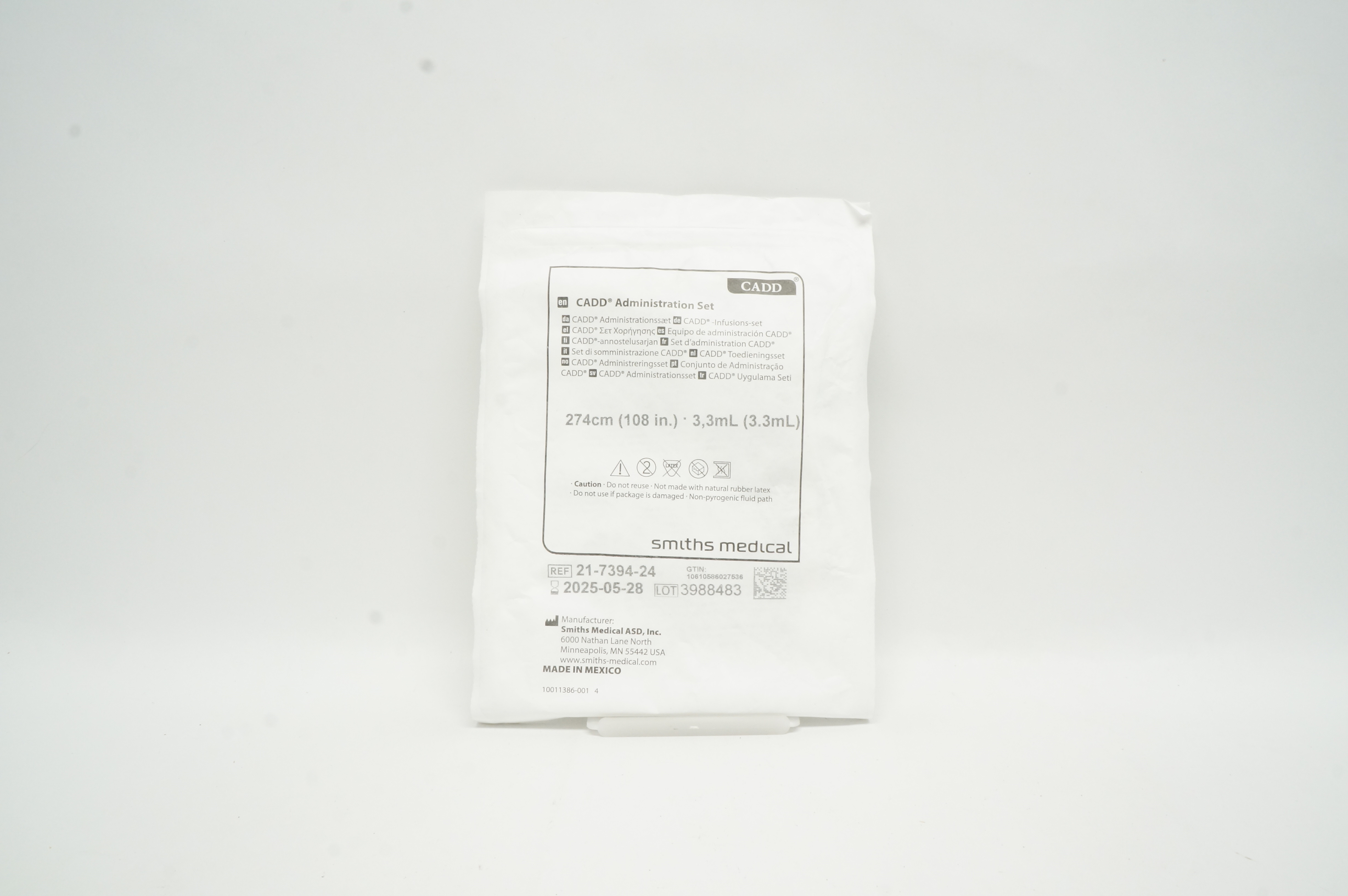 Smiths Medical 21-7394-24 CADD Administration Set 108 inch x 3.3.mL