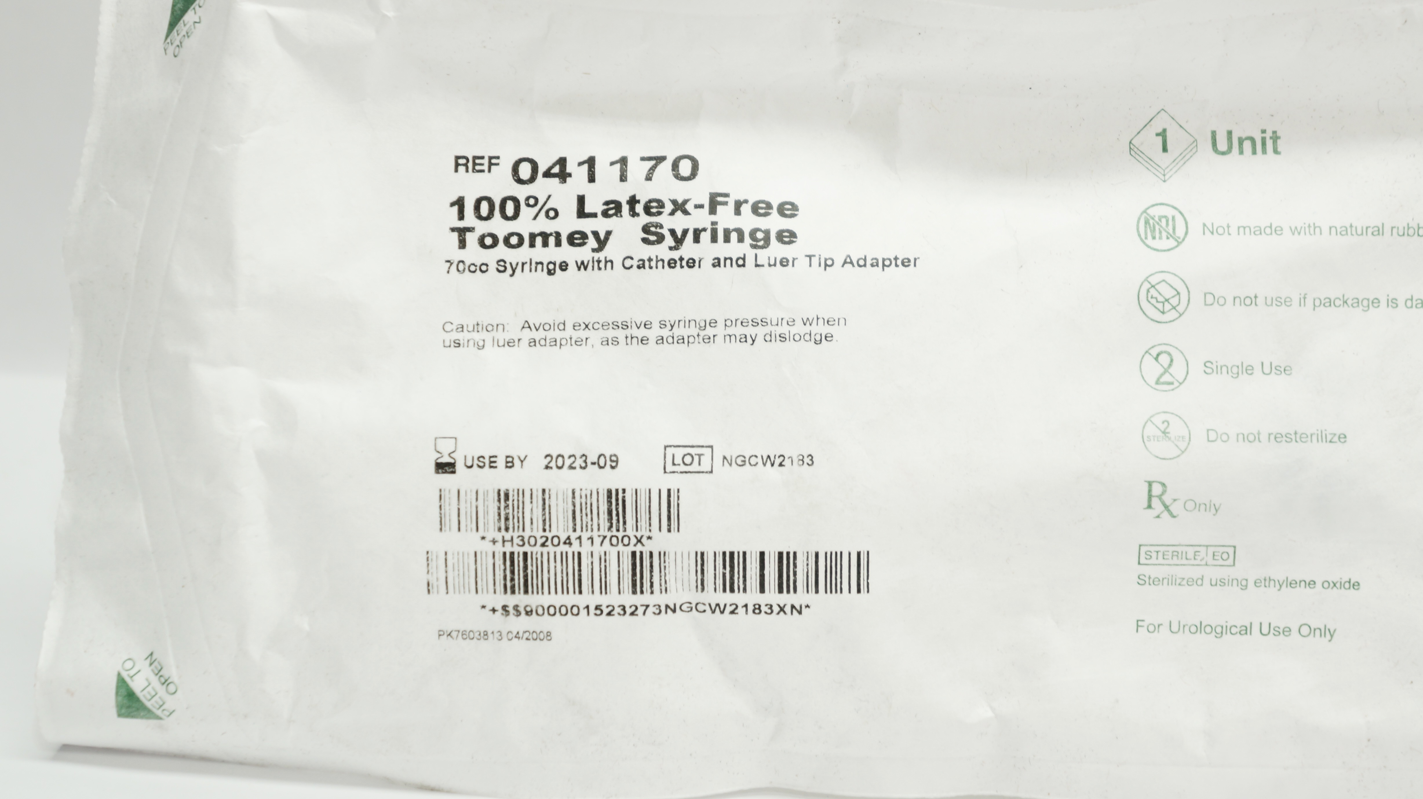 Bard 041170 Toomey Syringe 70cc with Cath. and Luer Tip Adapter