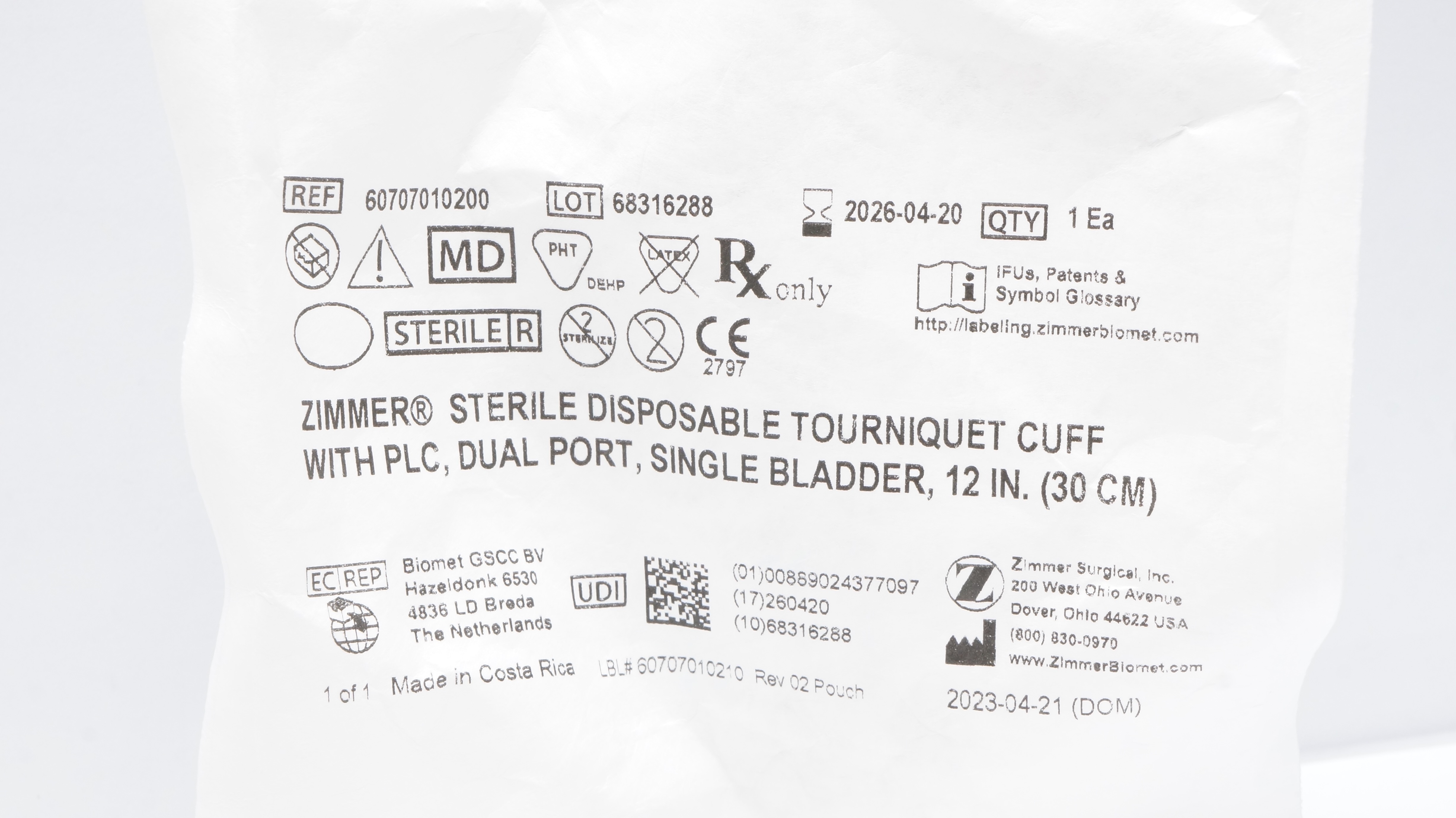 Zimmer 60707010200 Sterile Disposable Tourniquet Cuff, 12inch