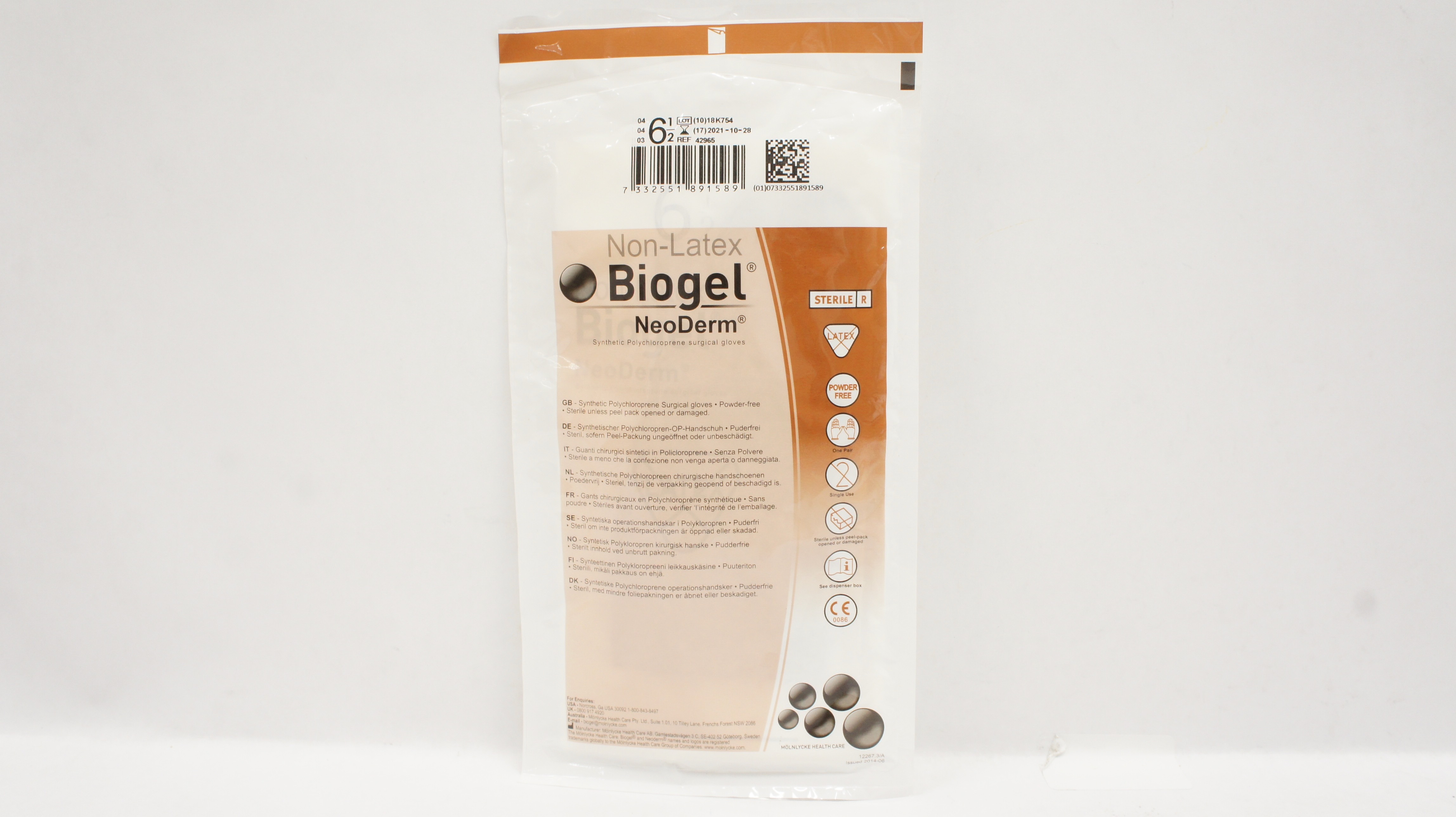 Molnlycke Healthcare 42965 Biogel NeoDerm Surgical Gloves, Size 6-1/2 (x)