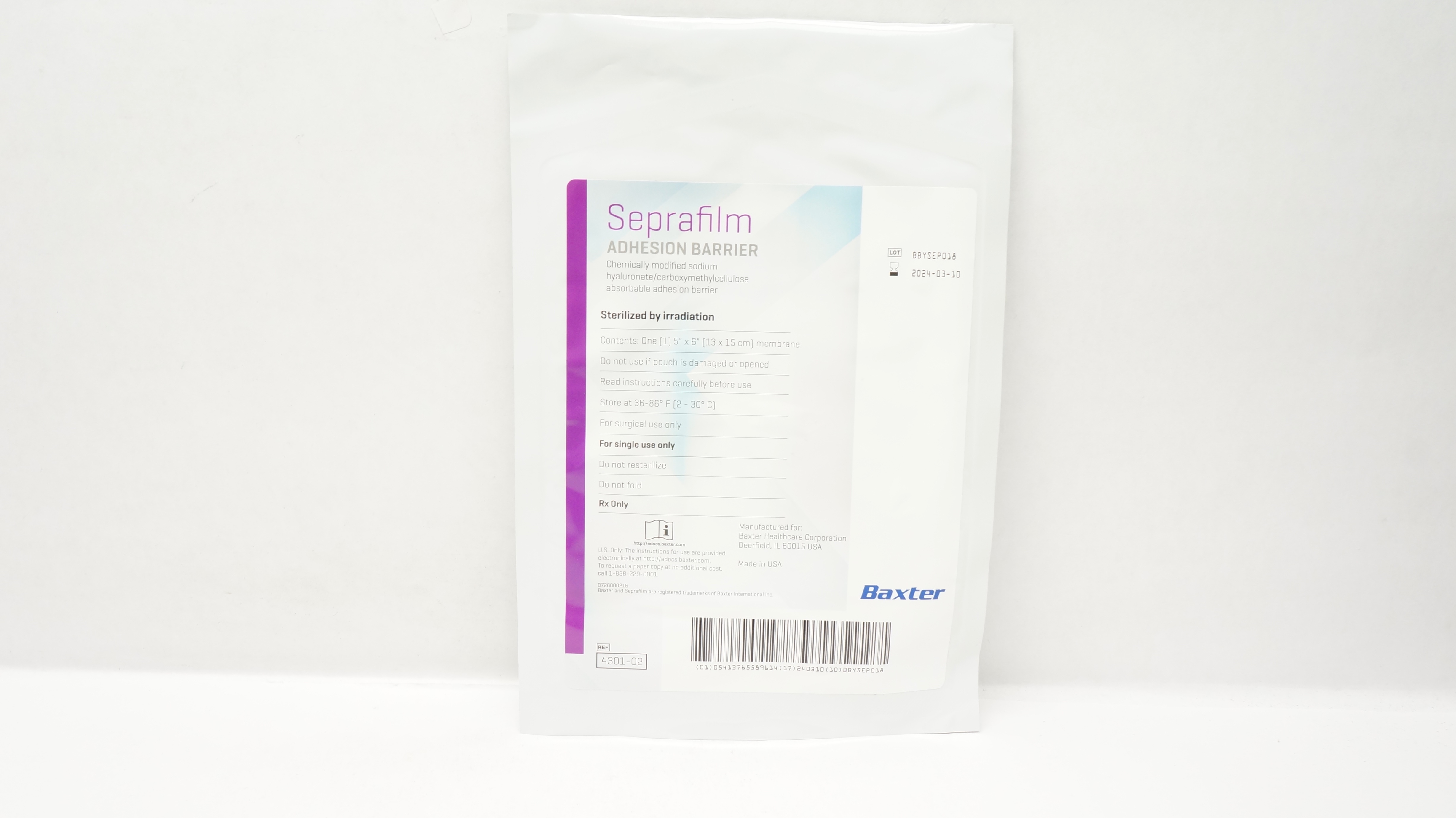 Baxter 4301-02 Seprafilmm Adhesion Barrier 5inch x 6inch Membrane (x)