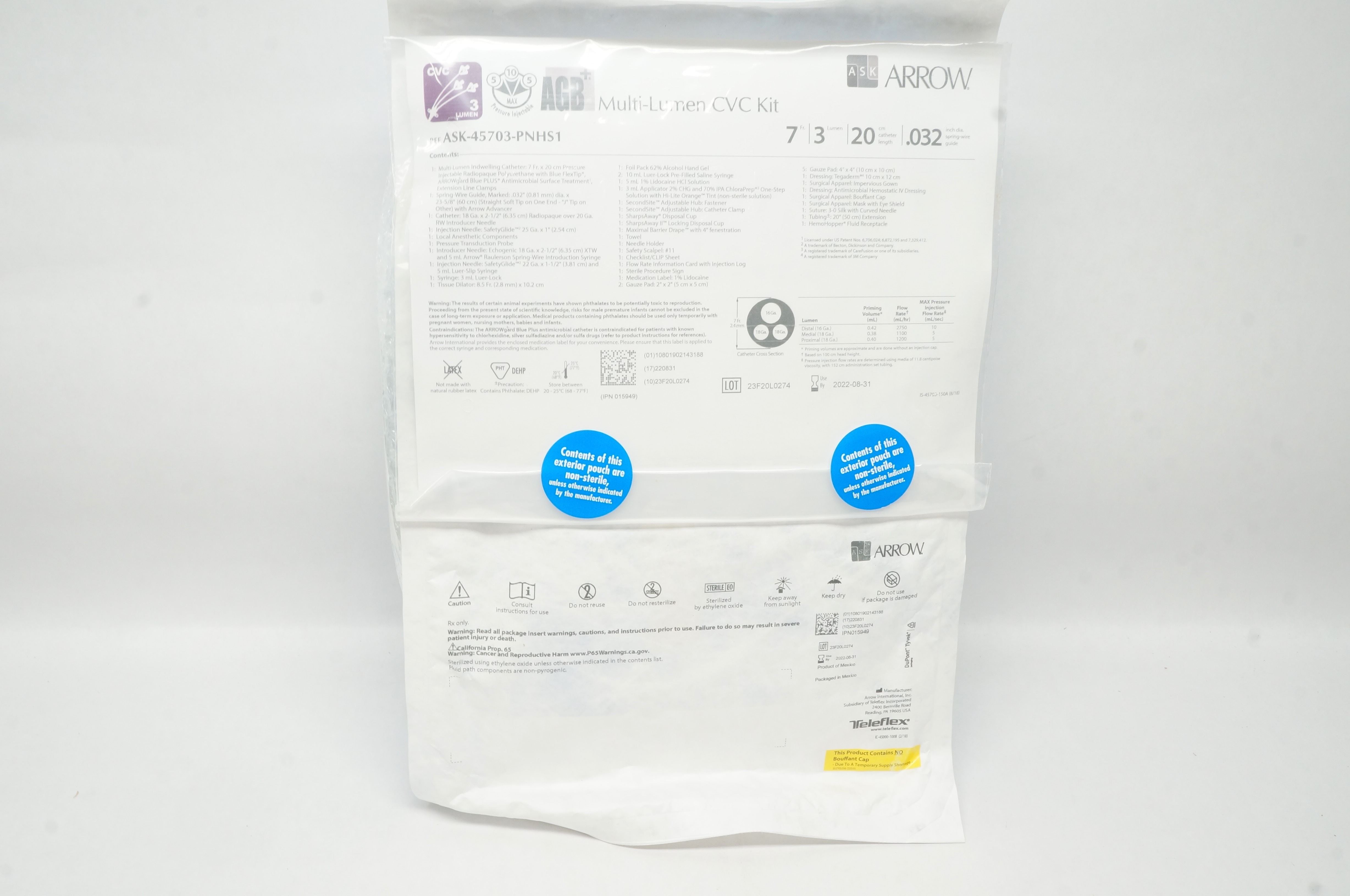 Arrow ASK-45703-PNHS1 AGB+ Multi-Lumen CVC Kit 7Fr x 20cm x .032inch (x)